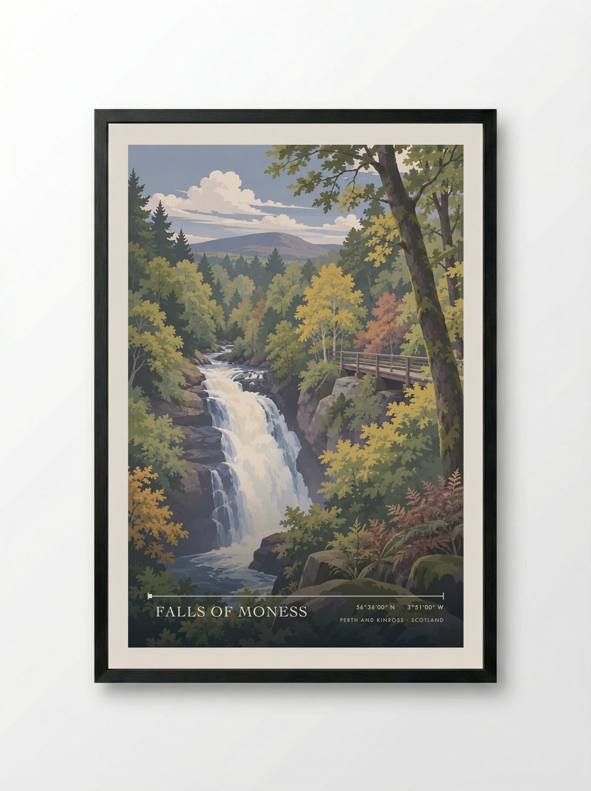 Falls of Moness, Perth and Kinross | Travel Poster - Framed Print Black