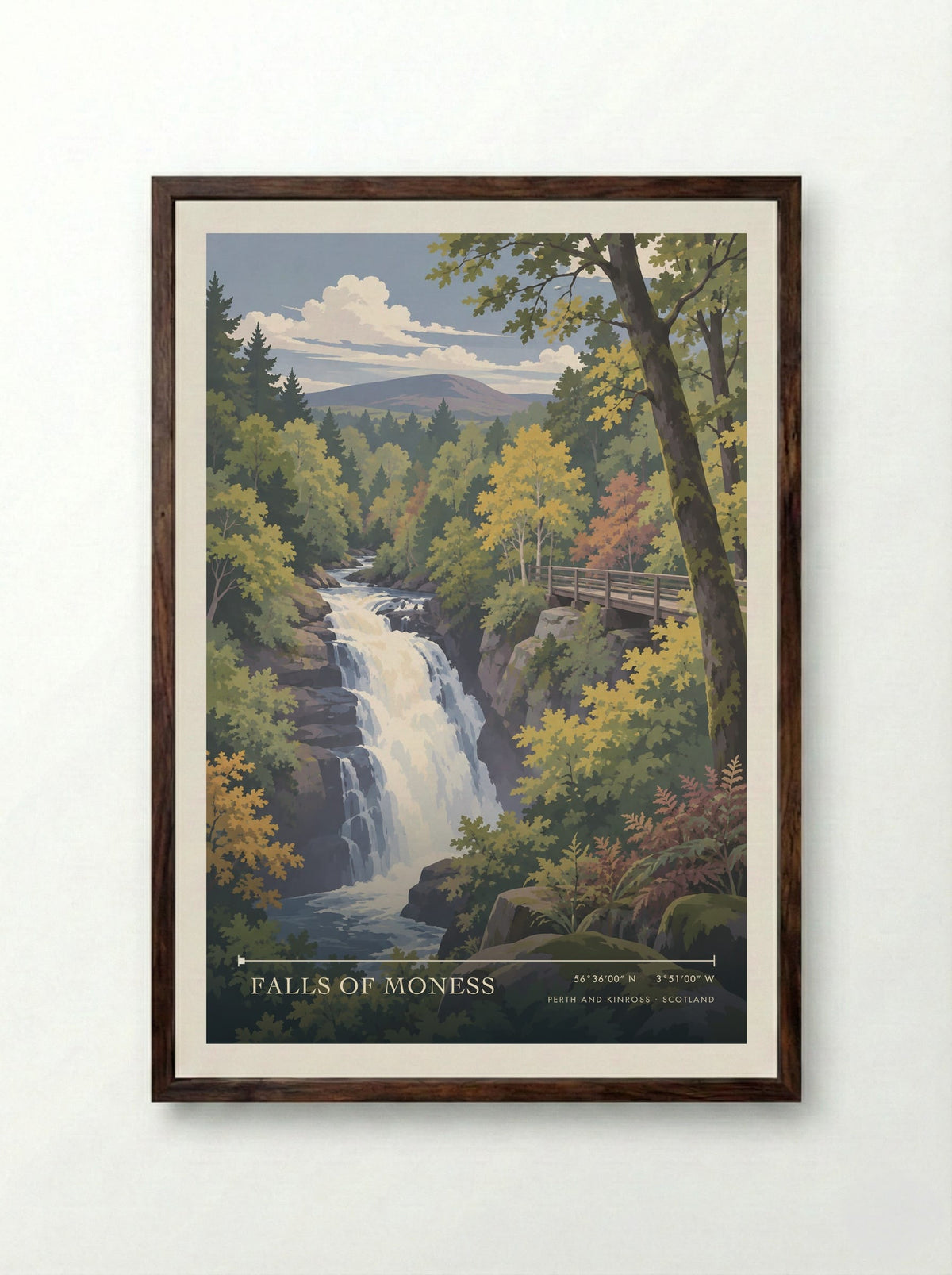 Falls of Moness, Perth and Kinross | Travel Poster - Framed Print Dark Wood