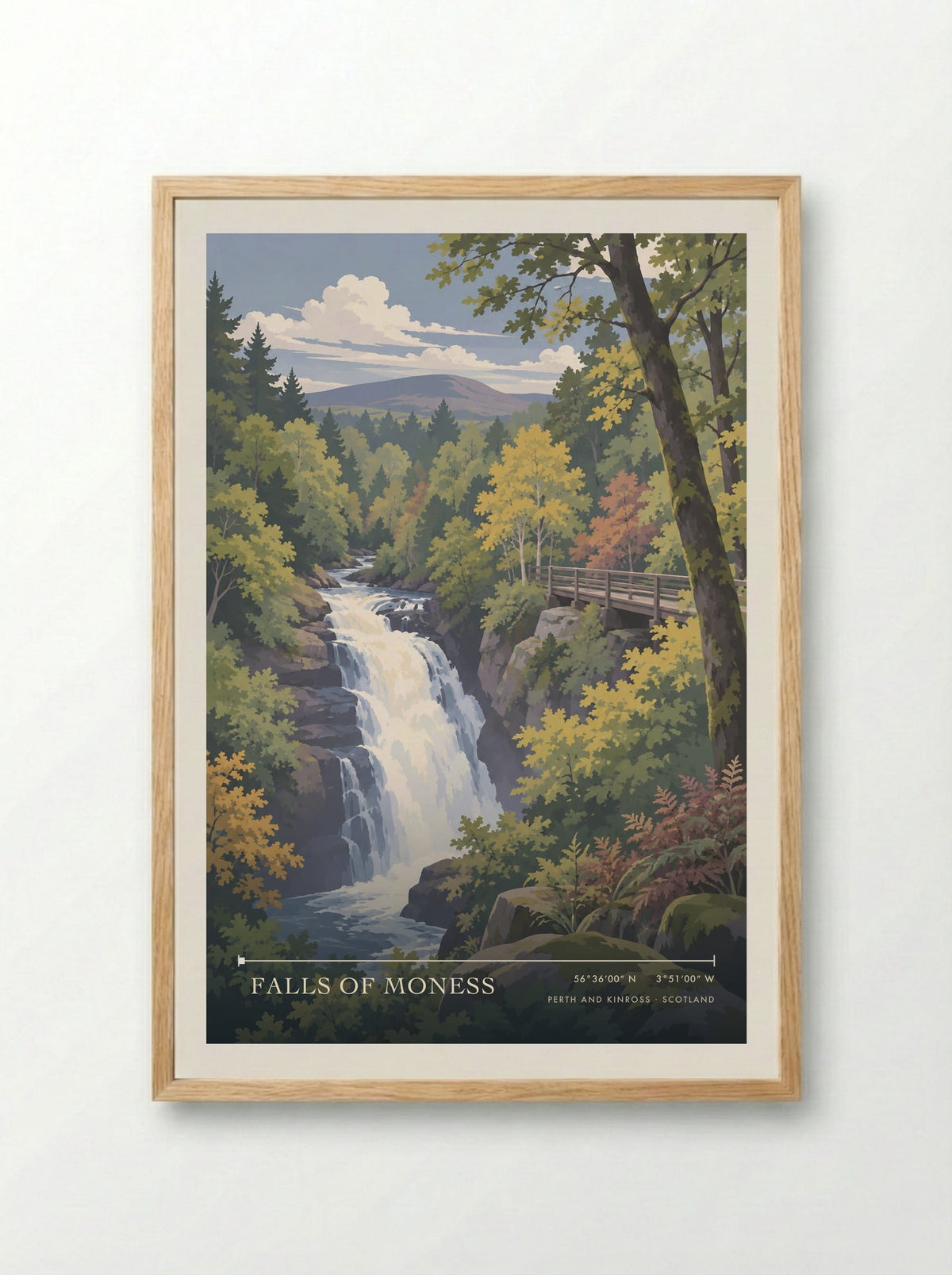 Falls of Moness, Perth and Kinross | Travel Poster - Framed Print Wood