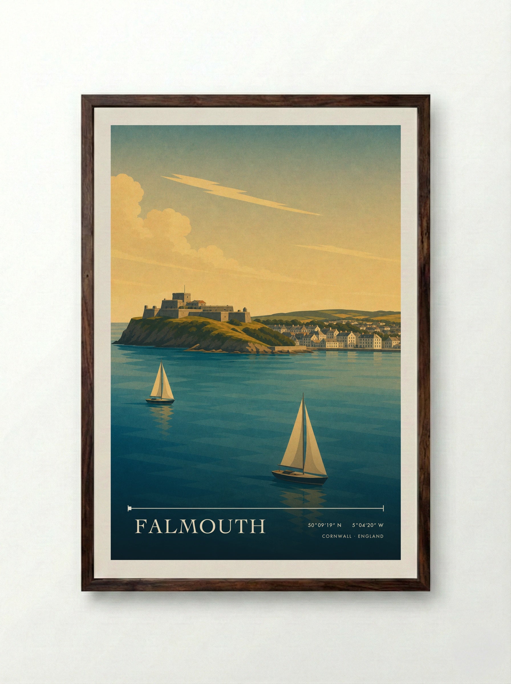 Falmouth Cornwall England Travel Poster - Framed Print Dark Wood