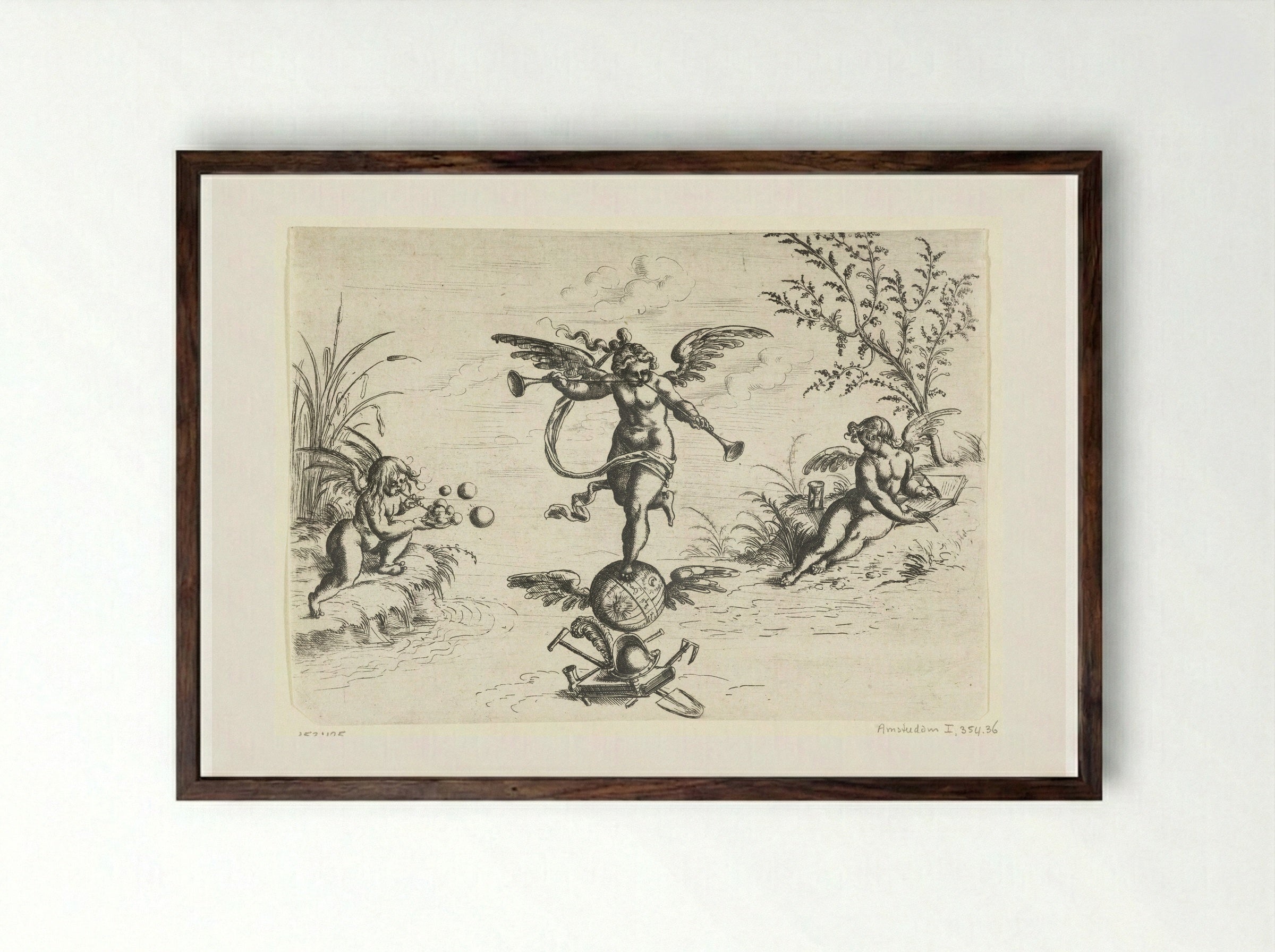 Fama met twee bazuinen - Christoph Jamnitzer - Framed Print Dark Wood