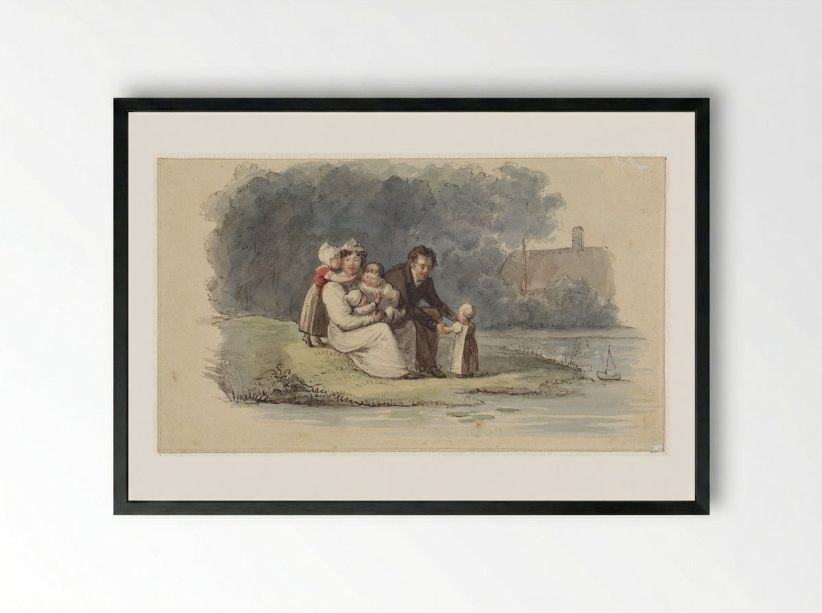 Familie zittend aan het water - Christiaan Julius Lodewijk Portman - Framed Print Black