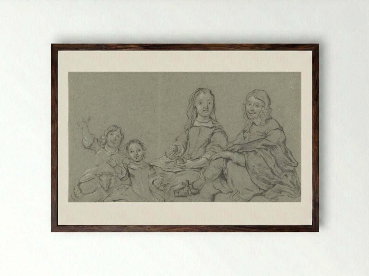 Family Portrait with a Lamb - Jan van Noordt - Framed Print Dark Wood