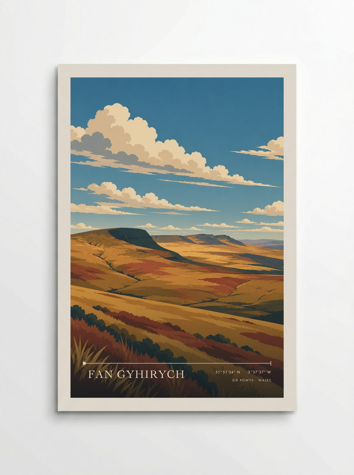 Fan Gyhirych, Sir Powys travel poster: golden uplands, dark sandstone escarpments and branching stream hollows beneath cream clouds in a clear blue s