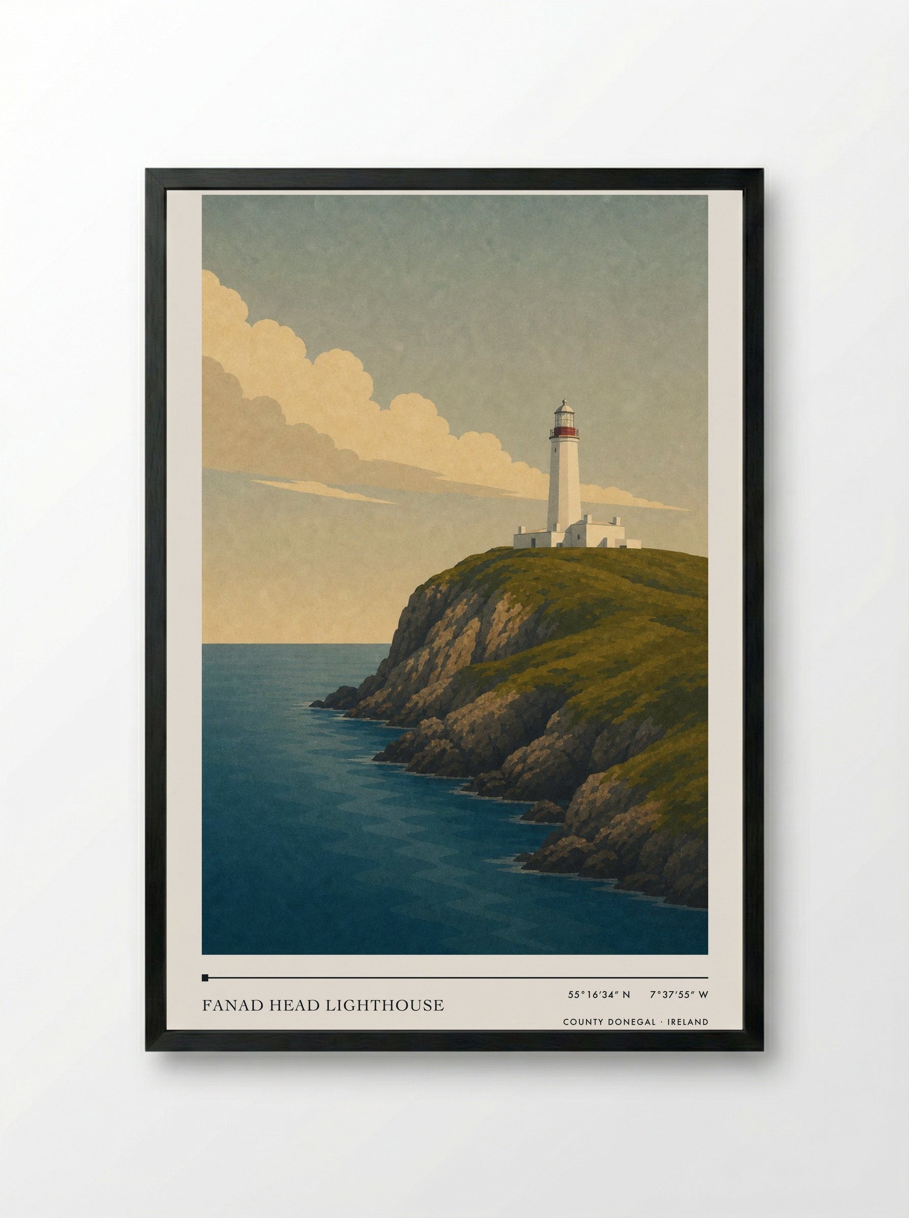 Fanad Head Lighthouse Travel Poster Artwork - Framed Print Black