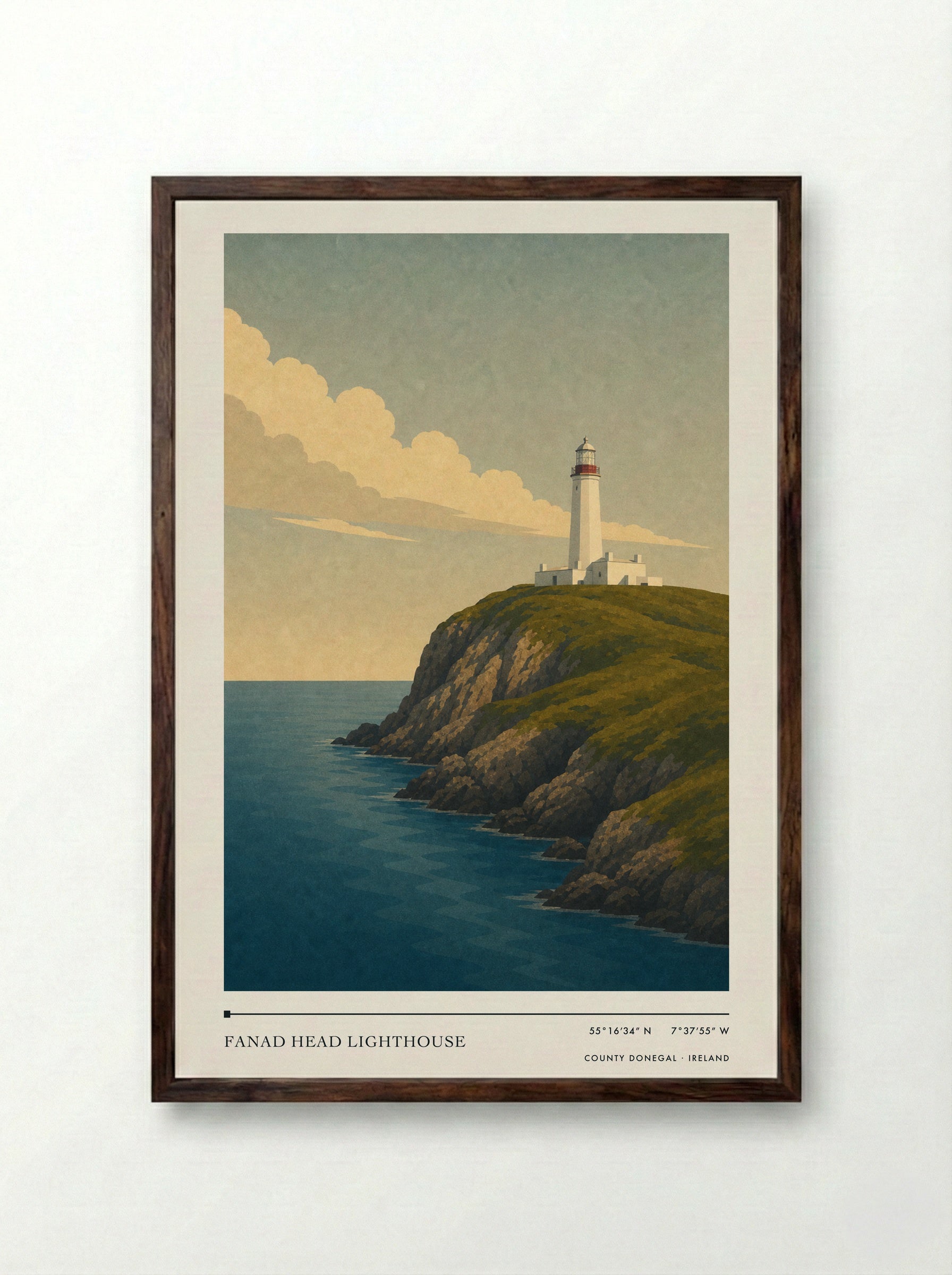Fanad Head Lighthouse Travel Poster Artwork - Framed Print Dark Wood