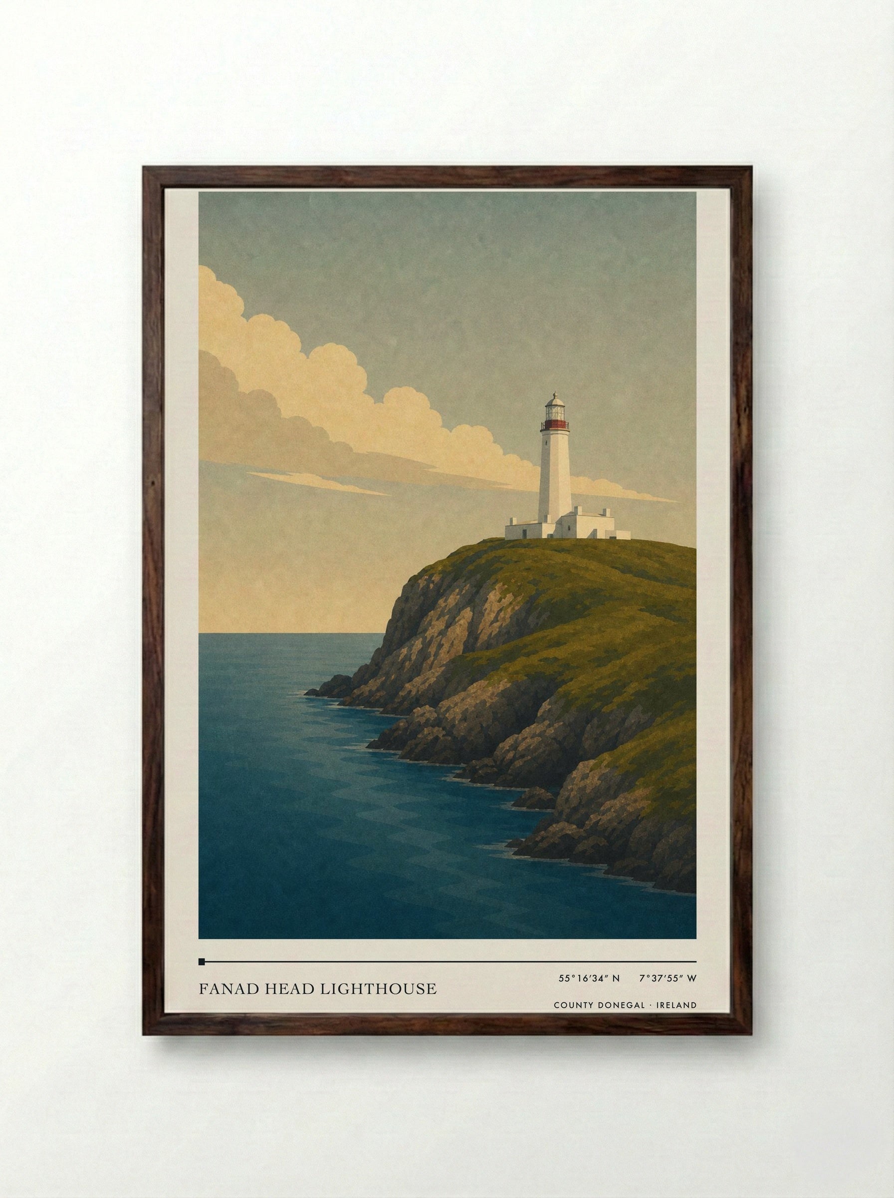 Fanad Head Lighthouse Travel Poster Artwork - Framed Print Dark Wood