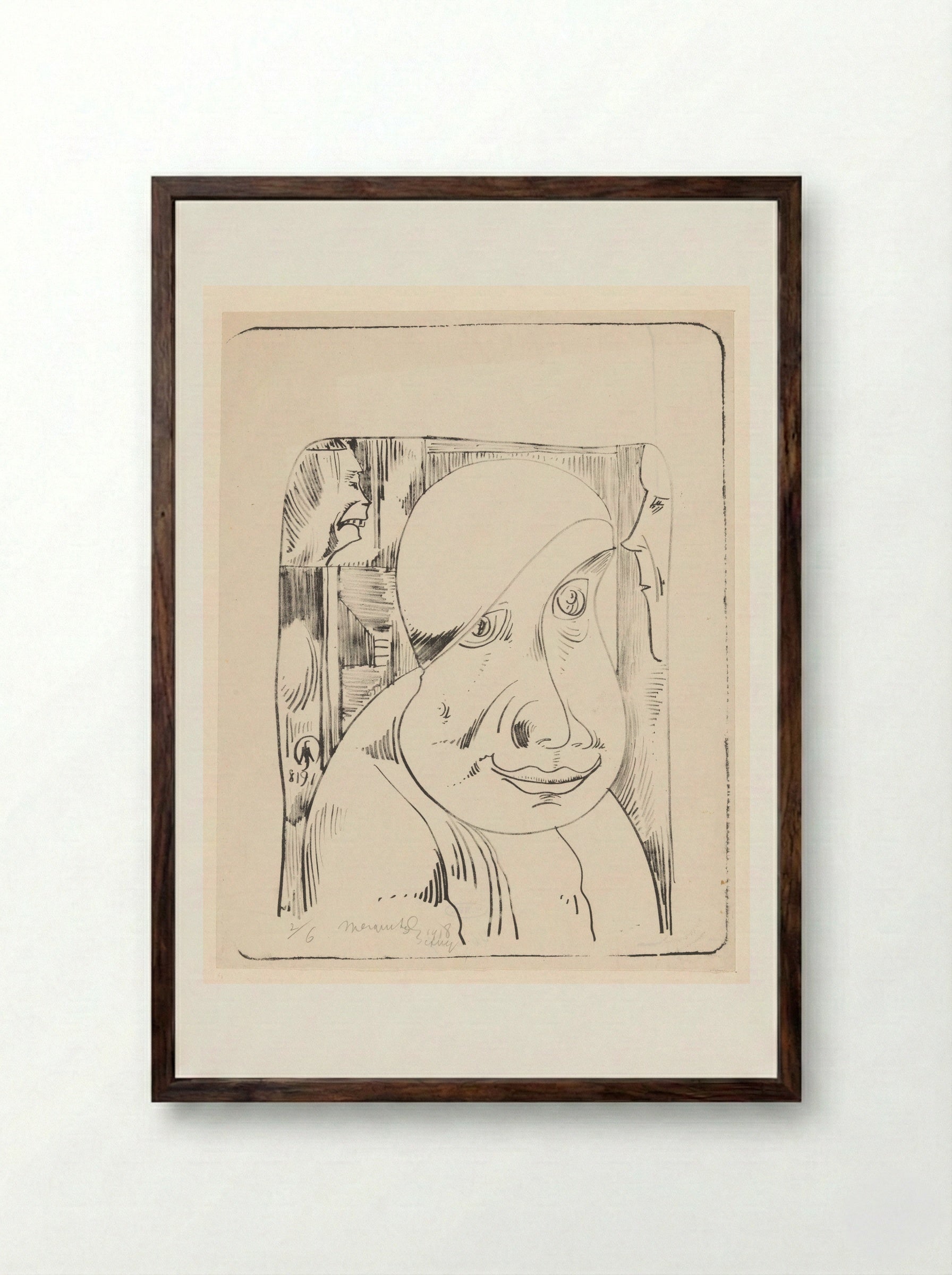 Fantasie: mannenkop met scheve muts, half over het rechteroog - Samuel Jessurun de Mesquita - Framed Print Dark Wood