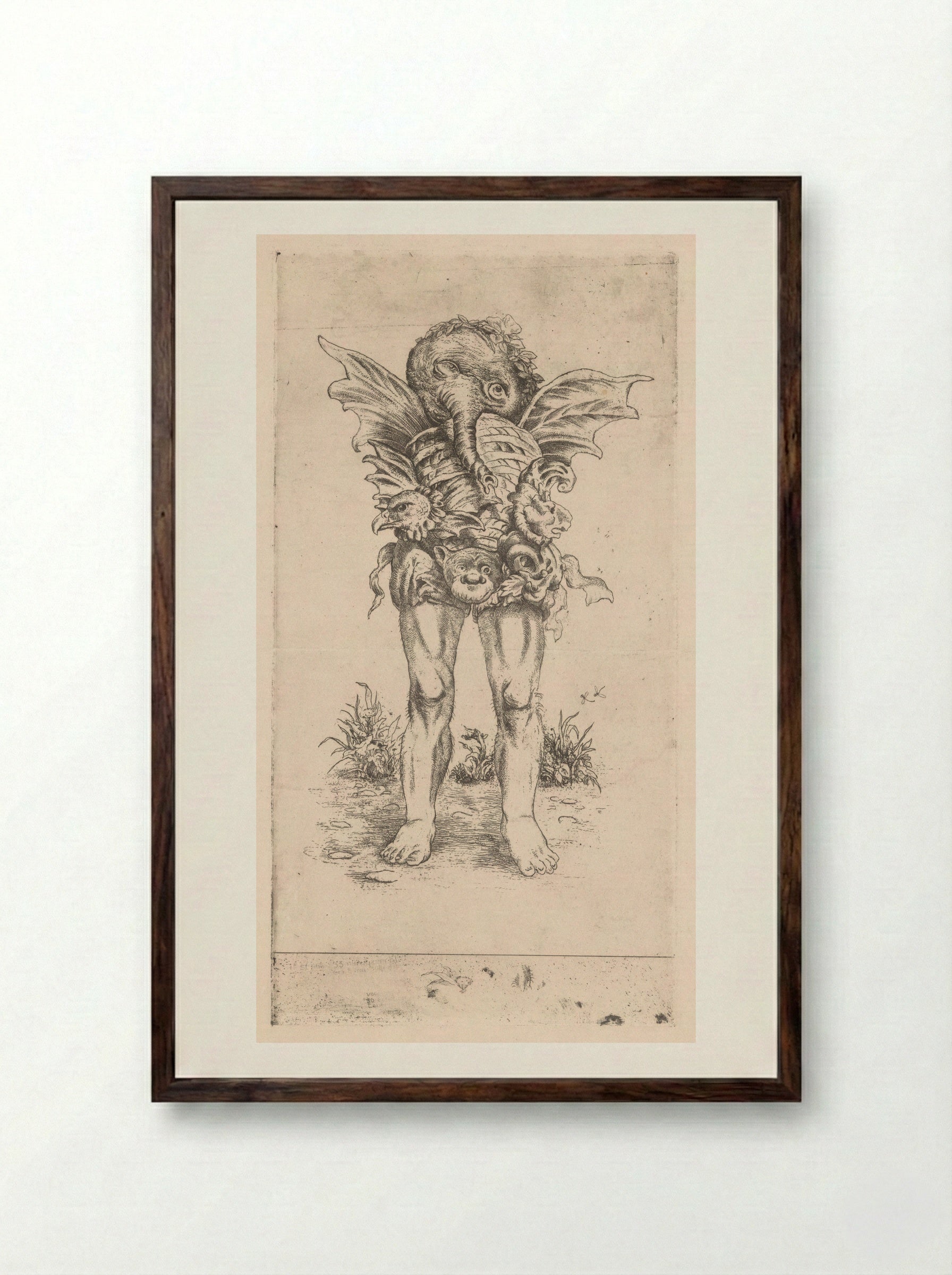 Fantasiefiguur met benen, vleugels en slurf - Ko Prange - Framed Print Dark Wood