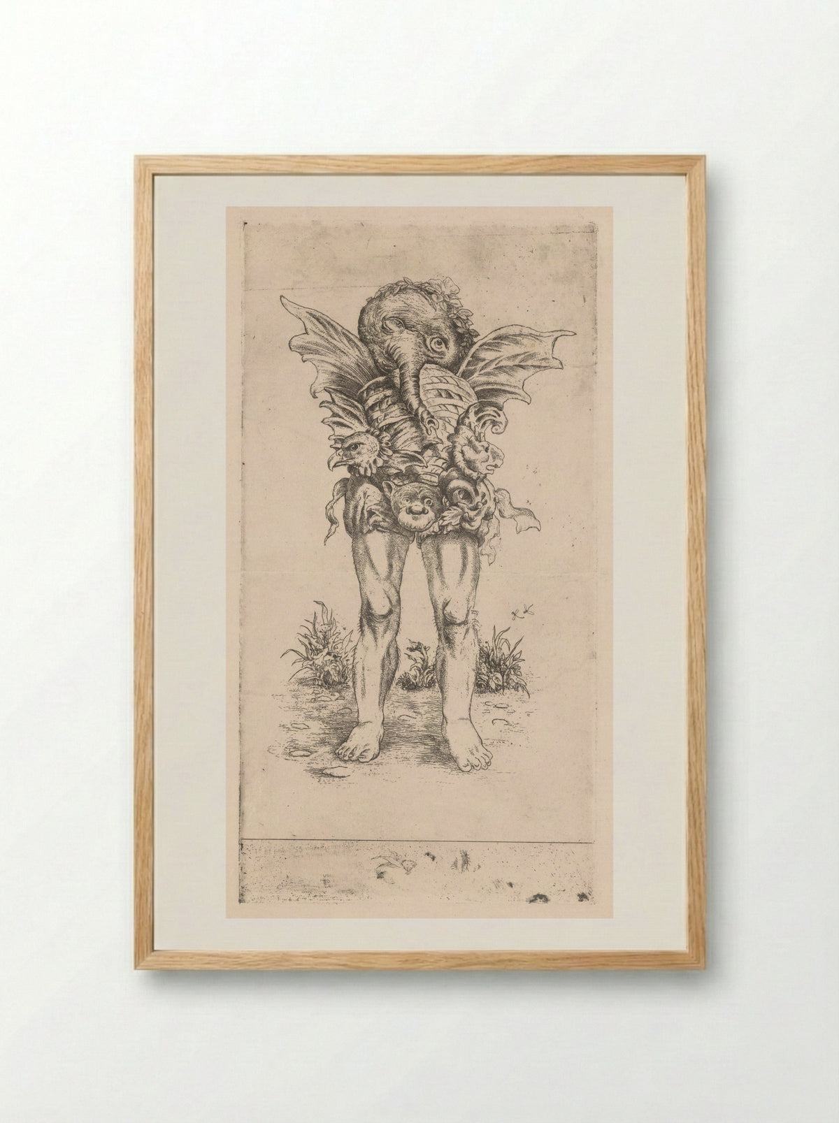 Fantasiefiguur met benen, vleugels en slurf - Ko Prange - Framed Print Wood
