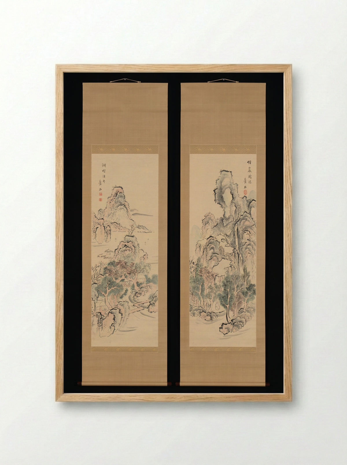 Fantastic Rocks with Cascading Waterfall; Fishing Boats by a Lake Hamlet - Aiseki - Framed Print Wood
