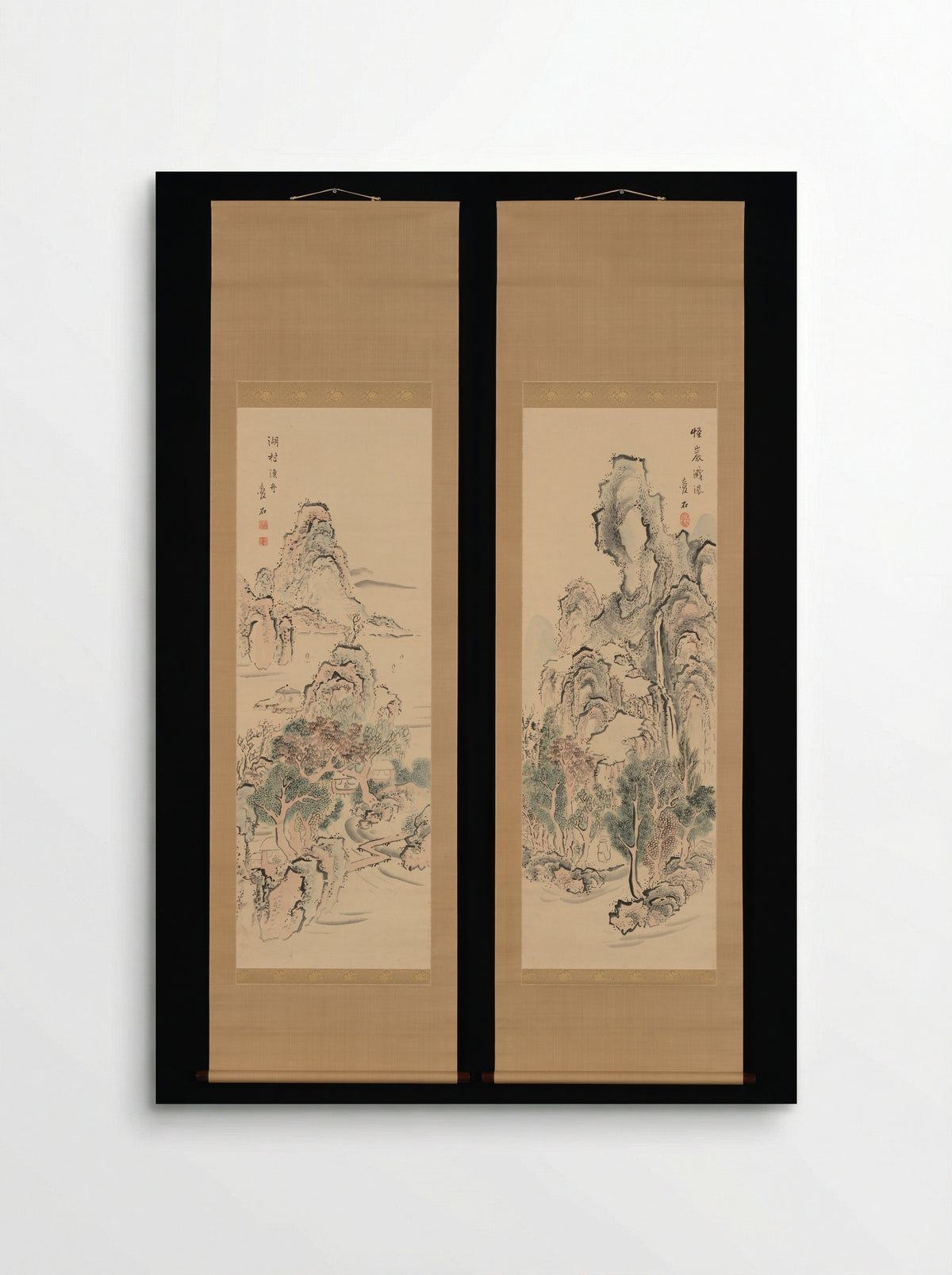 Fantastic Rocks with Cascading Waterfall; Fishing Boats by a Lake Hamlet - Aiseki - Poster