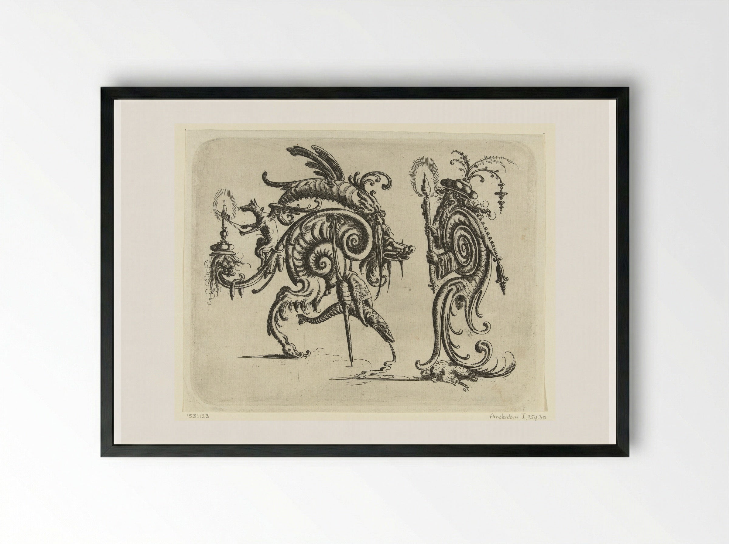 Fantastisch wezen naast een man met een voluut als lichaam - Christoph Jamnitzer - Framed Print Black