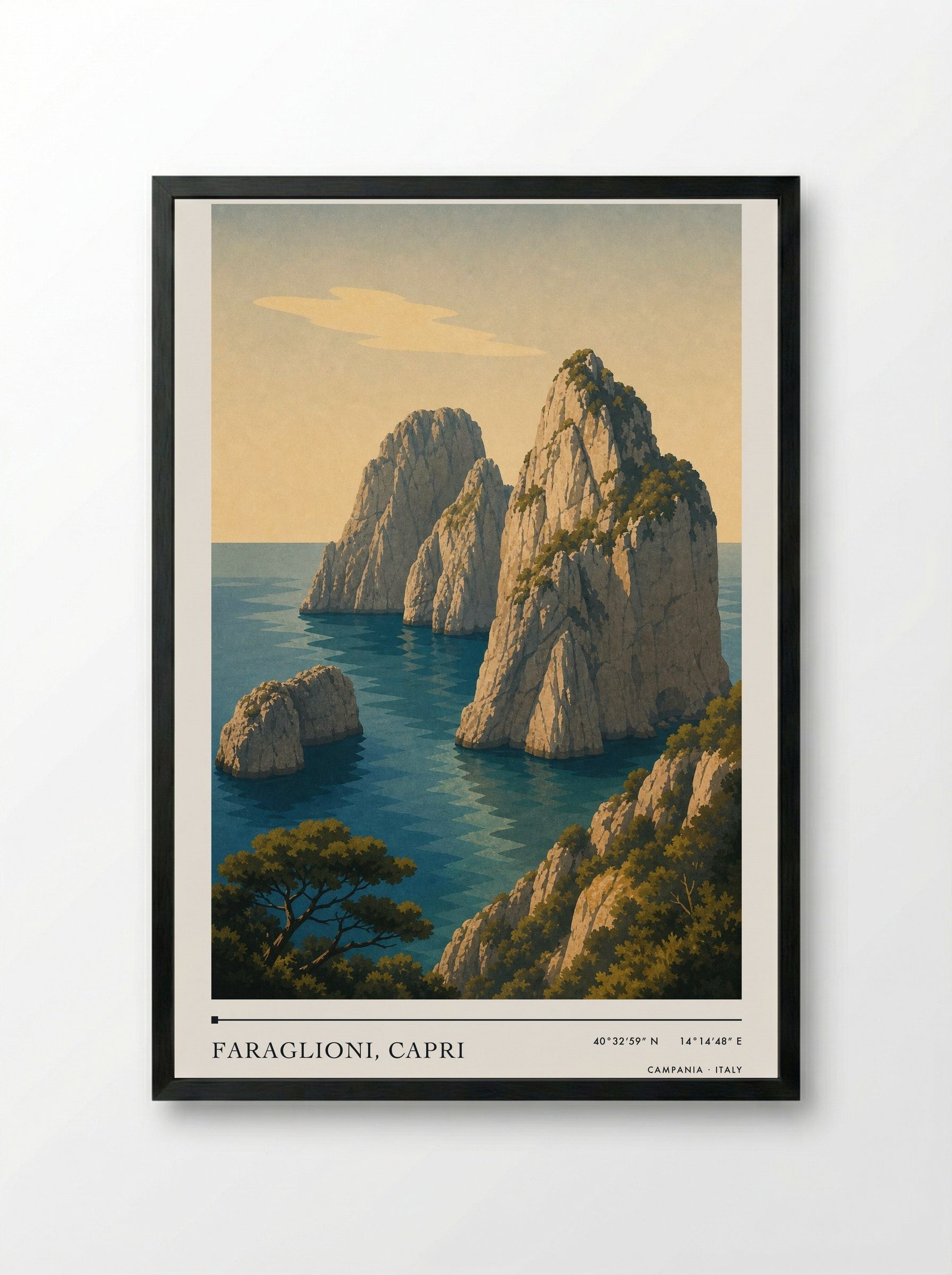 Faraglioni, Capri Travel Poster Artwork - Framed Print Black
