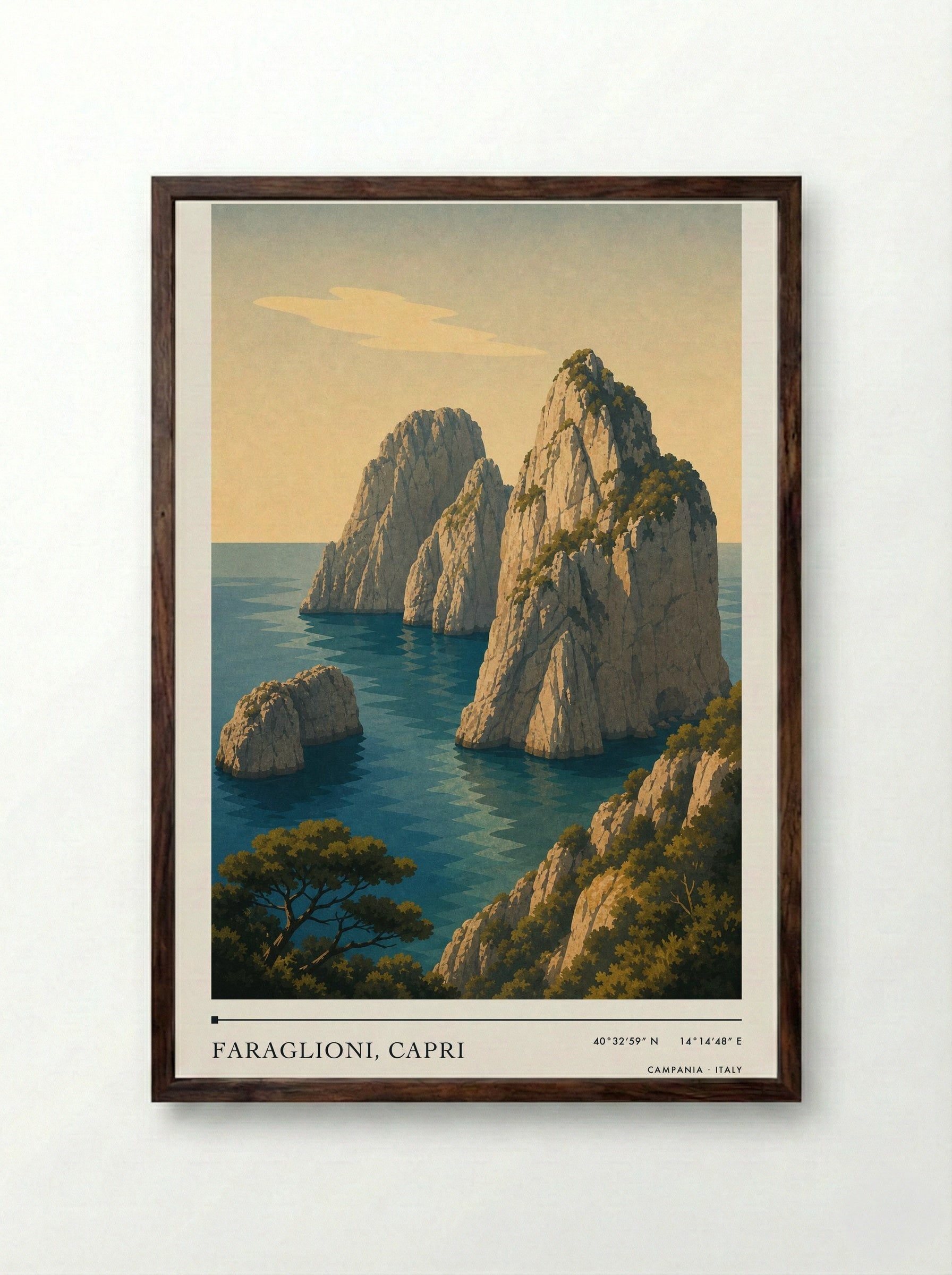 Faraglioni, Capri Travel Poster Artwork - Framed Print Dark Wood