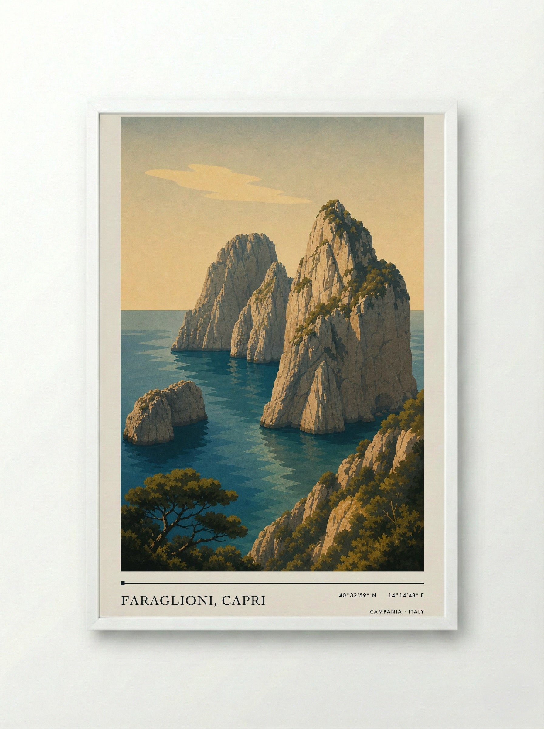 Faraglioni, Capri Travel Poster Artwork - Framed Print White