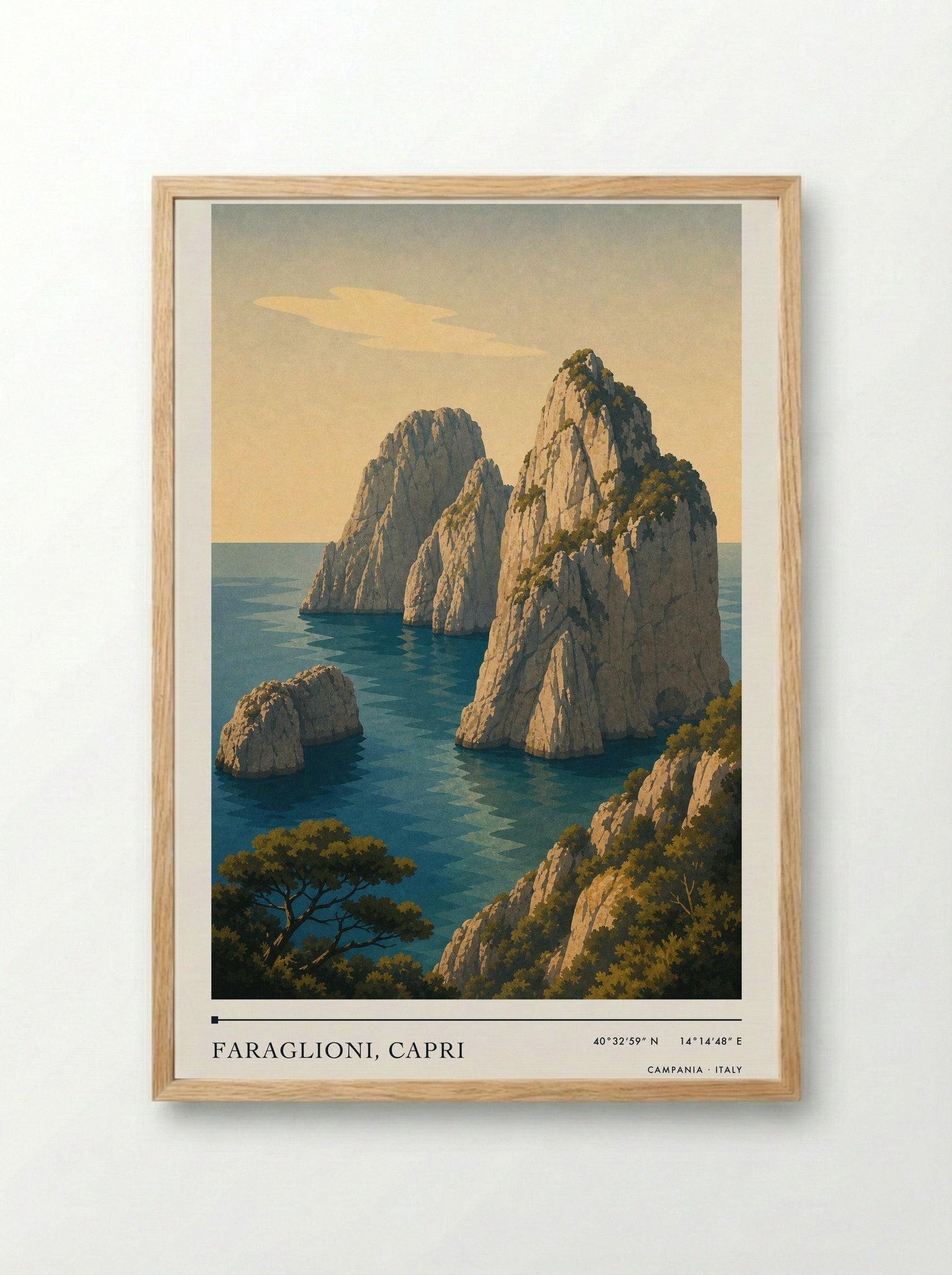 Faraglioni, Capri Travel Poster Artwork - Framed Print Wood