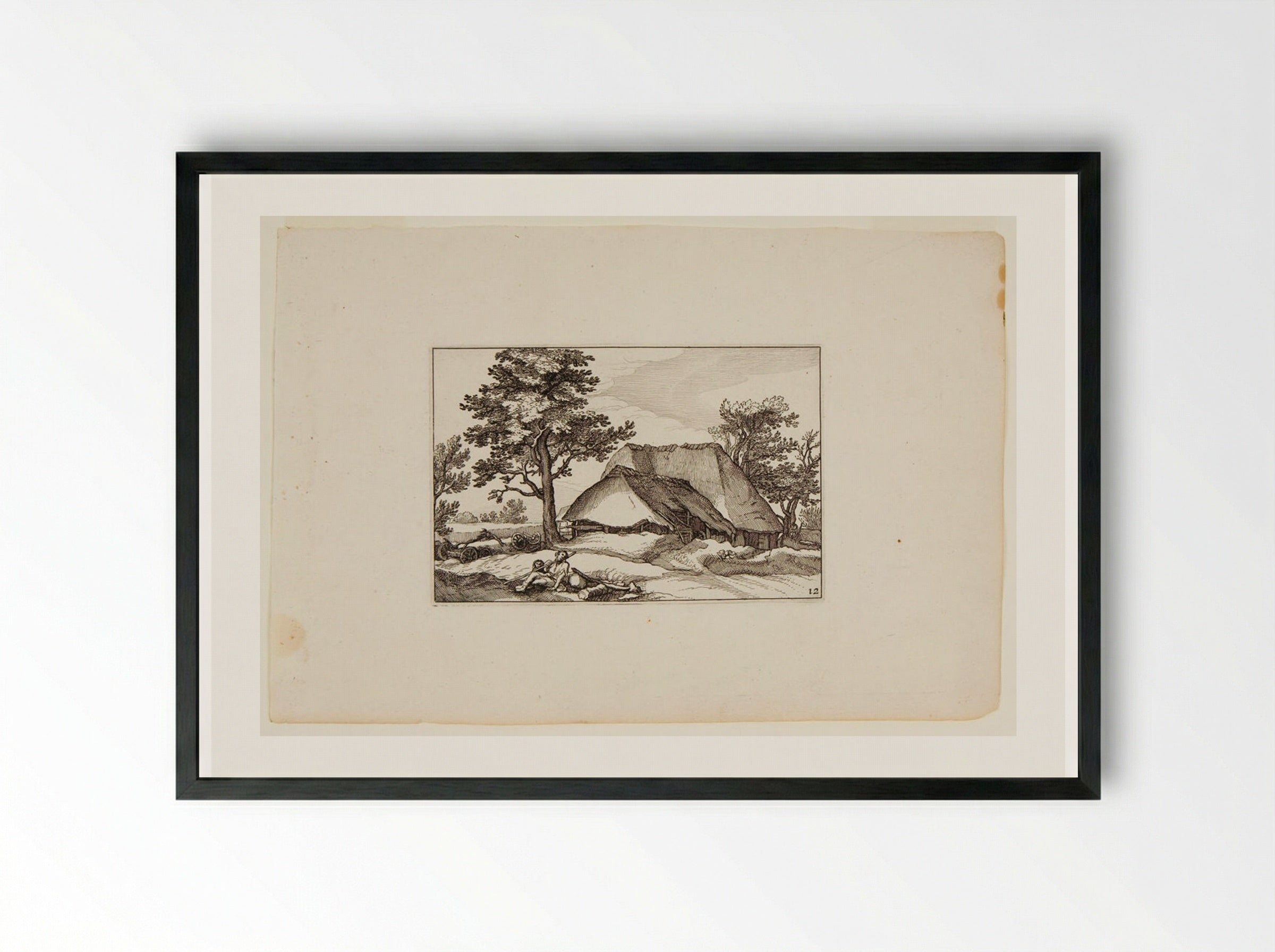 Farm Building with Resting Youth and Wheatfield - Claes Jansz. Visscher - Framed Print Black