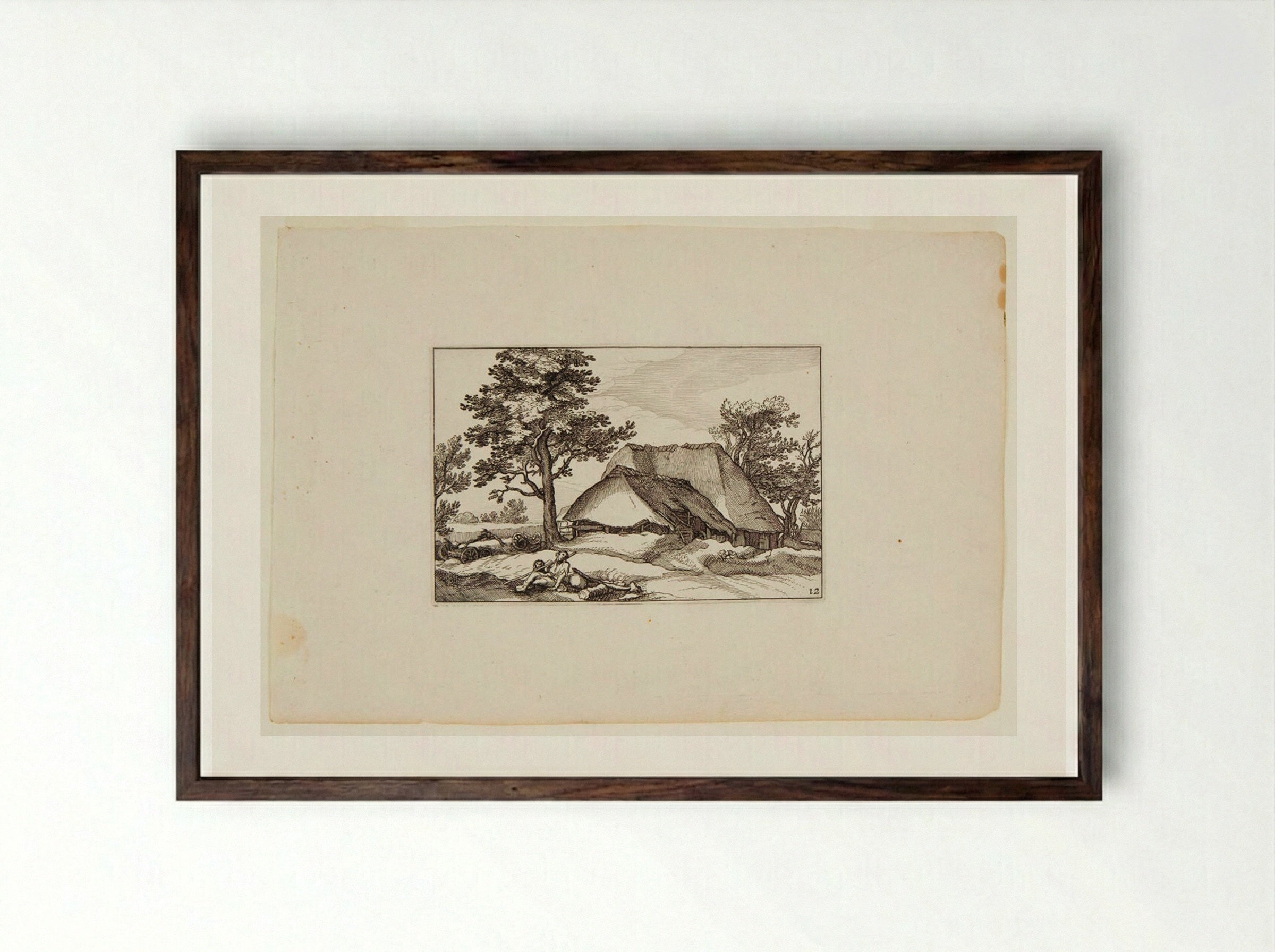 Farm Building with Resting Youth and Wheatfield - Claes Jansz. Visscher - Framed Print Dark Wood