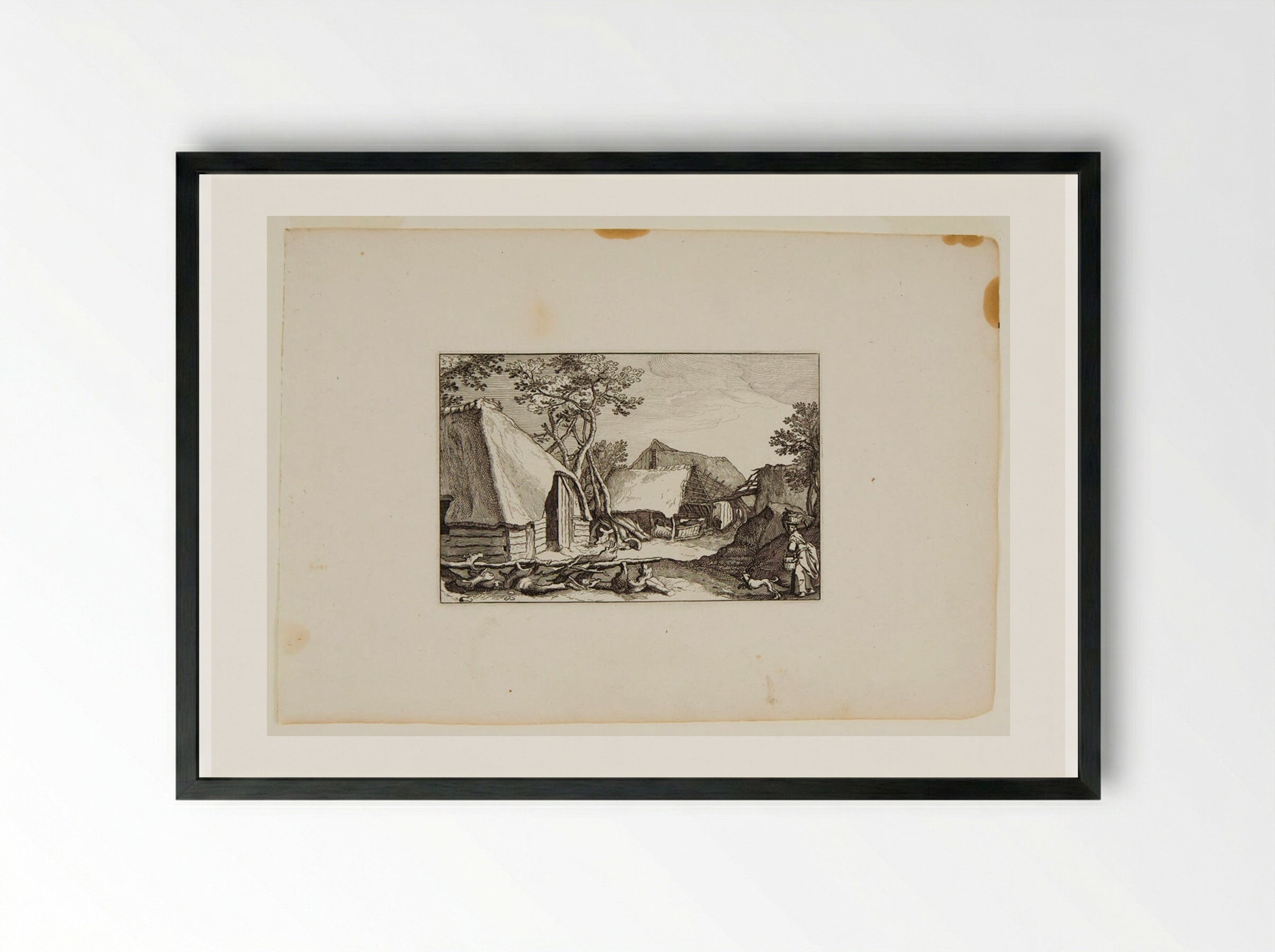 Farm Buildings; Woman with Baskets and Dog in Right Foreground - Claes Jansz. Visscher - Framed Print Black
