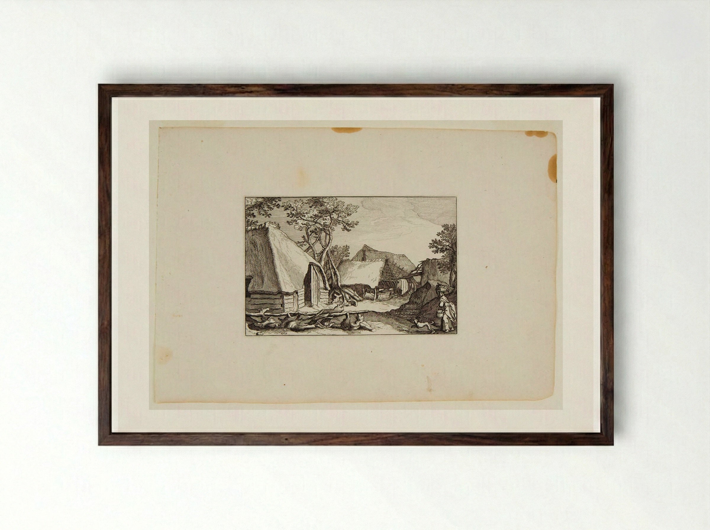 Farm Buildings; Woman with Baskets and Dog in Right Foreground - Claes Jansz. Visscher - Framed Print Dark Wood