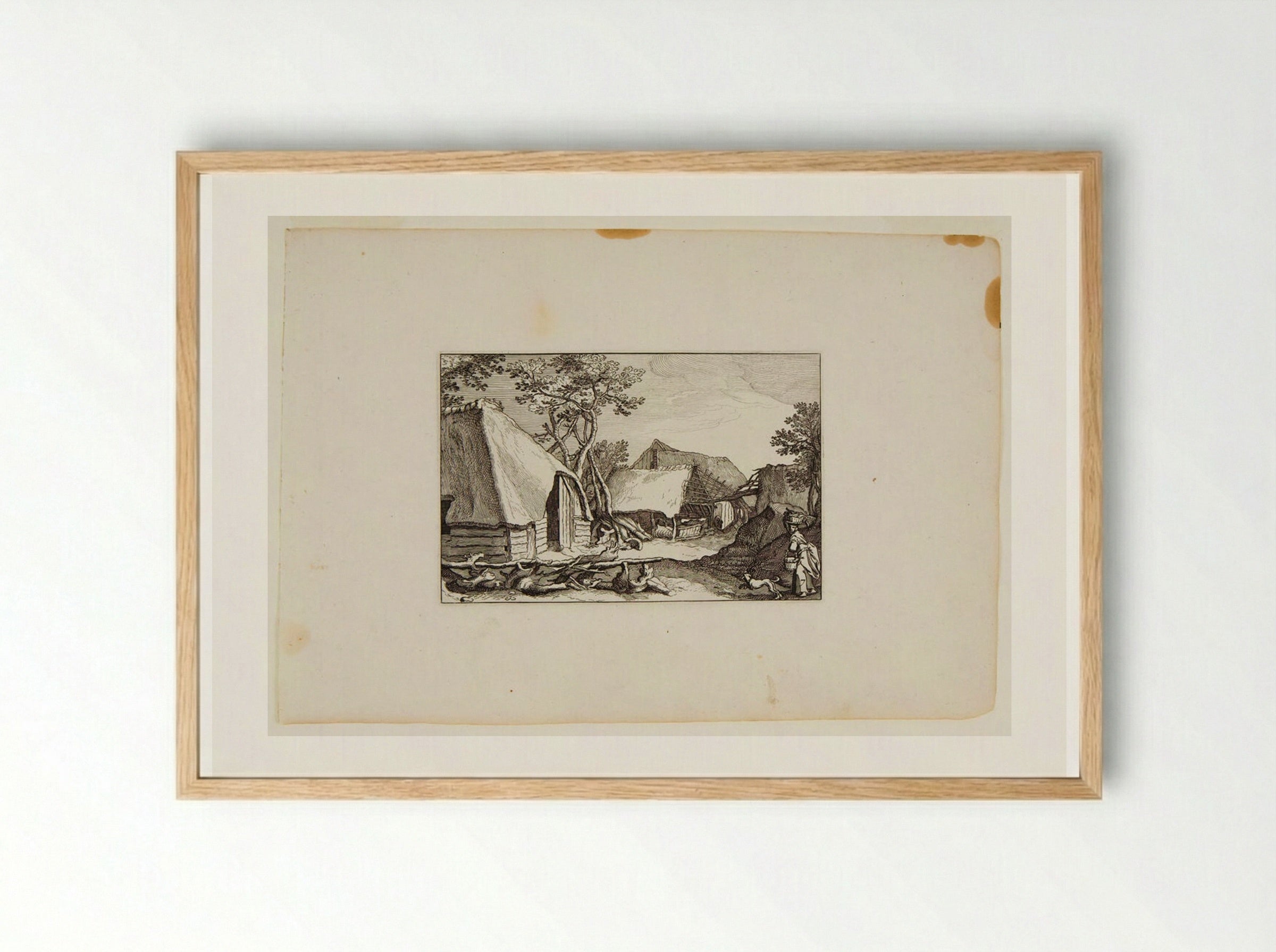 Farm Buildings; Woman with Baskets and Dog in Right Foreground - Claes Jansz. Visscher - Framed Print Wood