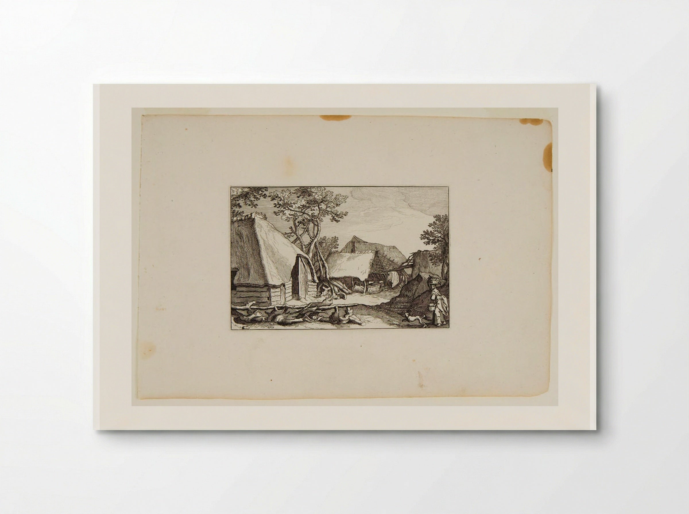 Farm Buildings; Woman with Baskets and Dog in Right Foreground - Claes Jansz. Visscher - Poster