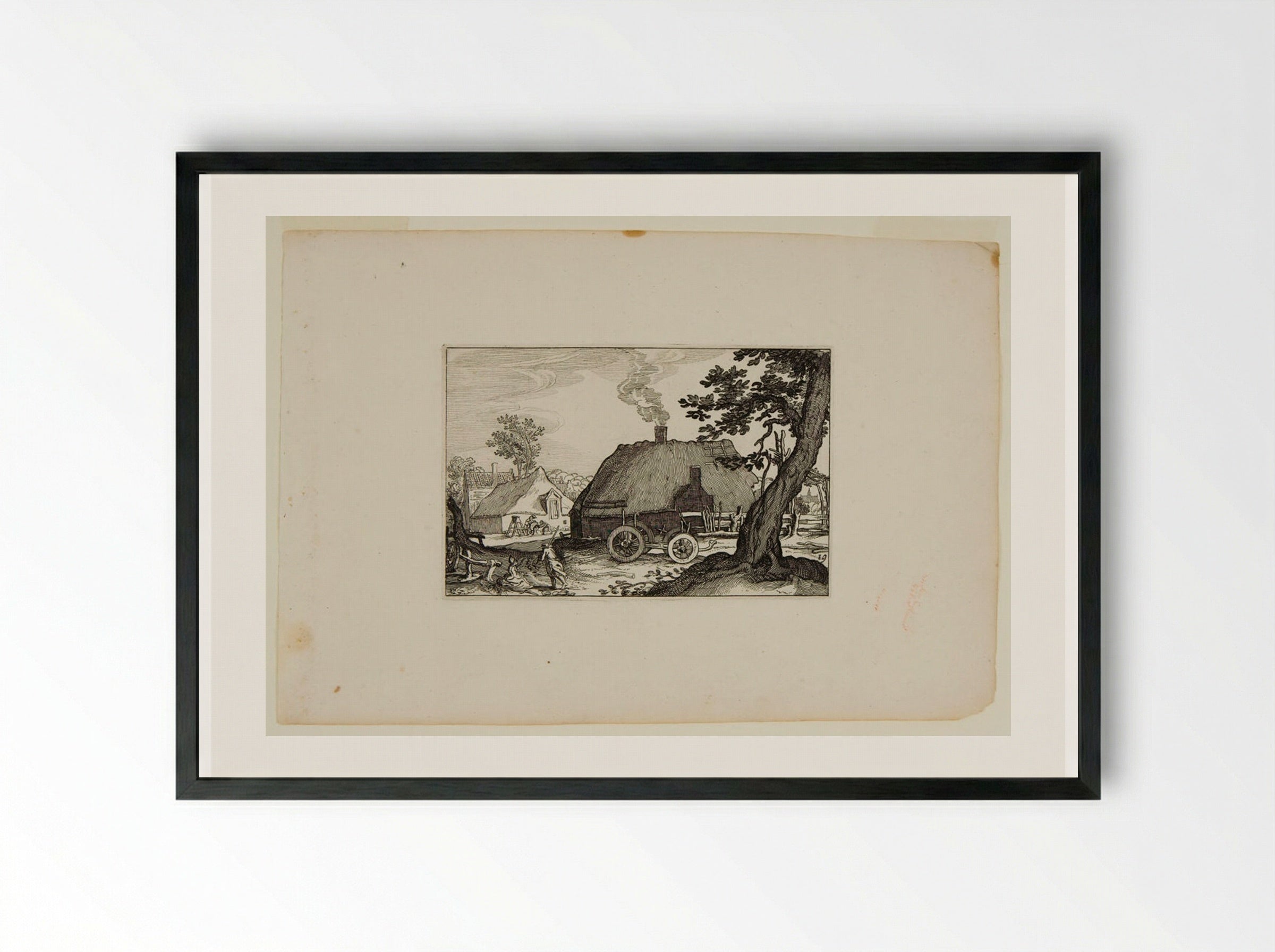 Farm Buildings with Empty Haywagon in Front - Claes Jansz. Visscher - Framed Print Black