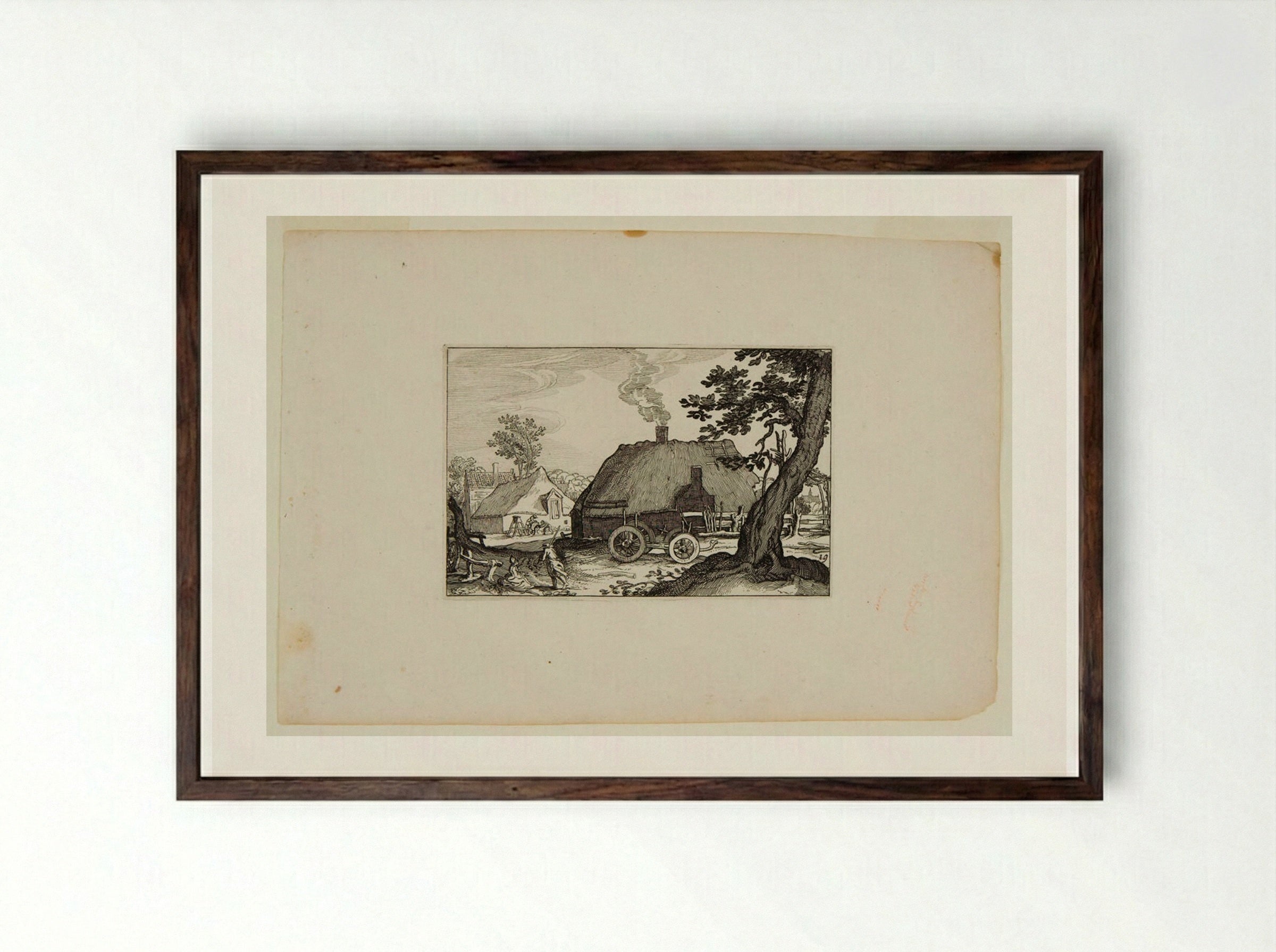 Farm Buildings with Empty Haywagon in Front - Claes Jansz. Visscher - Framed Print Dark Wood