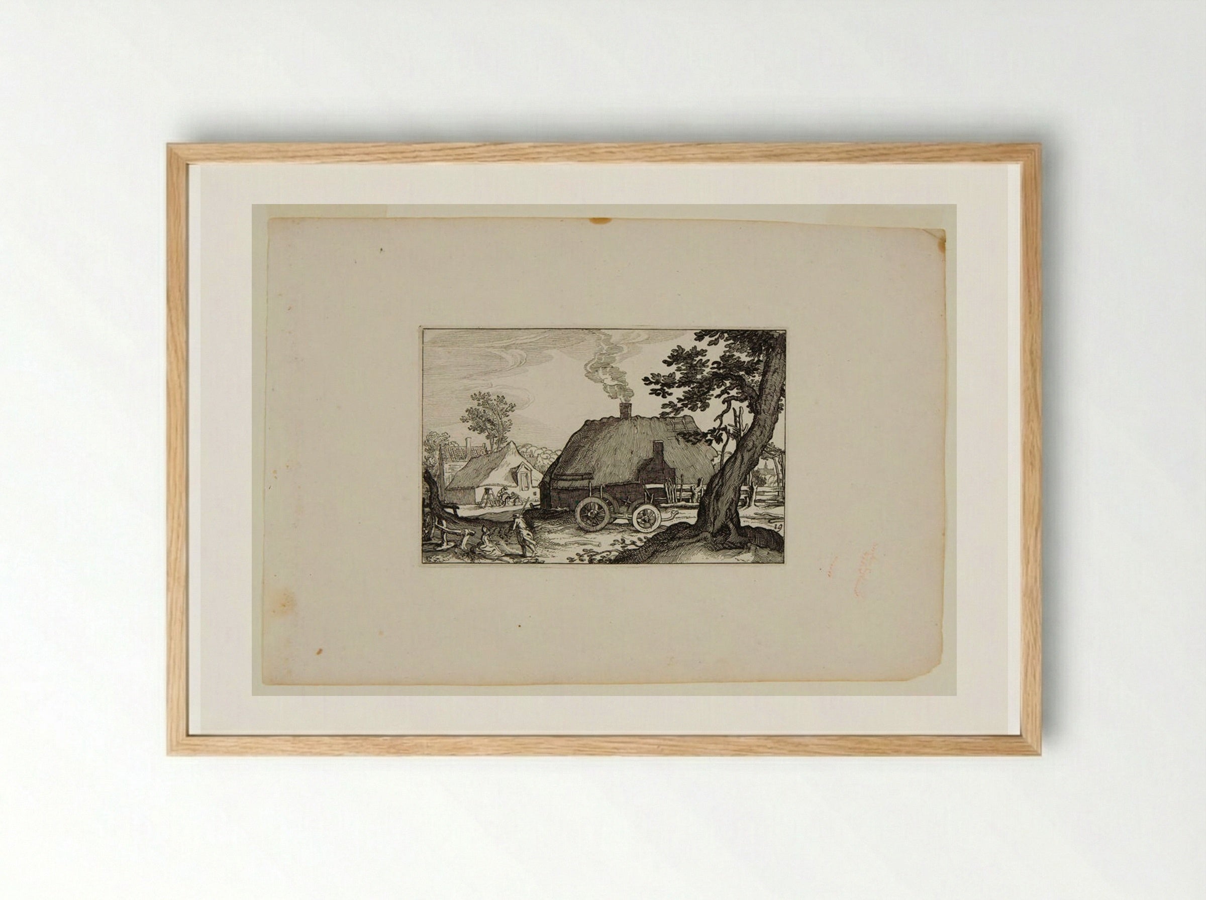 Farm Buildings with Empty Haywagon in Front - Claes Jansz. Visscher - Framed Print Wood