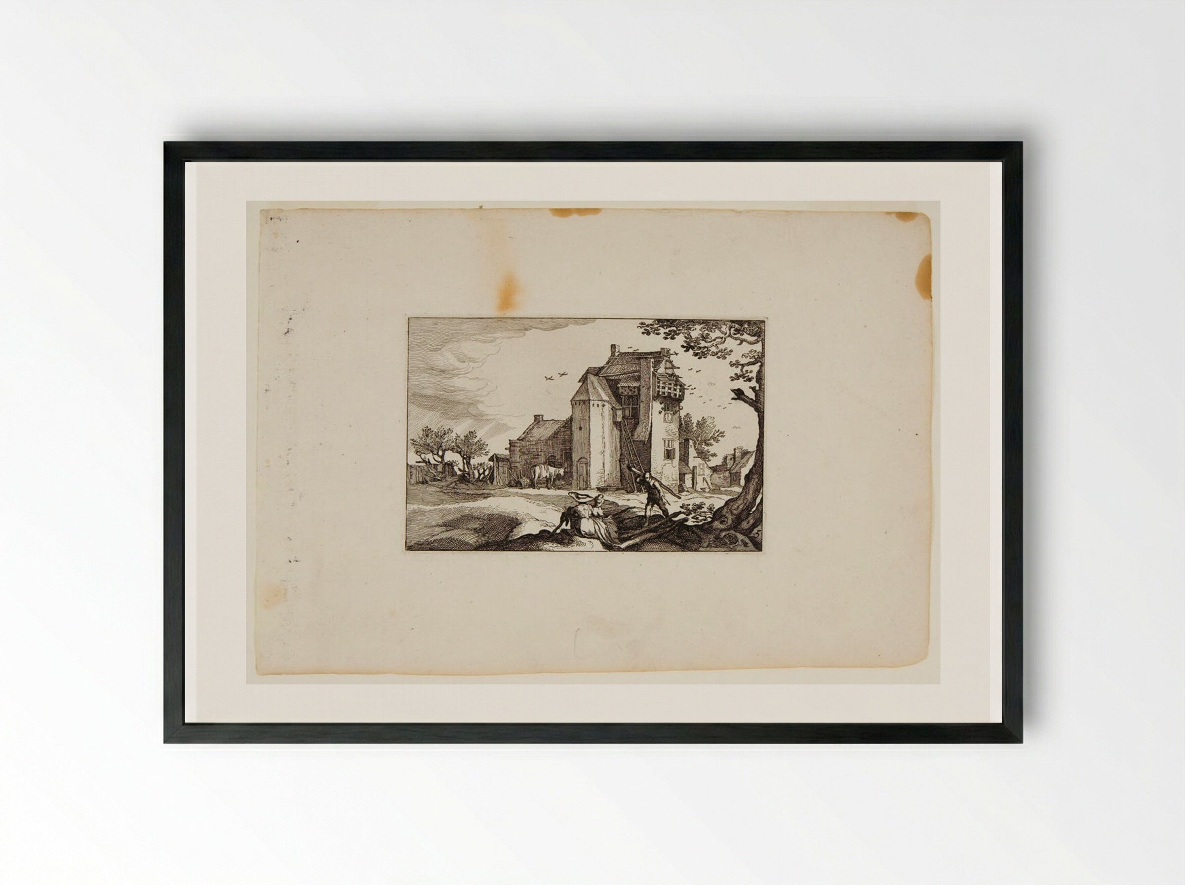 Farm Buildings with Large Dovecote - Claes Jansz. Visscher - Framed Print Black