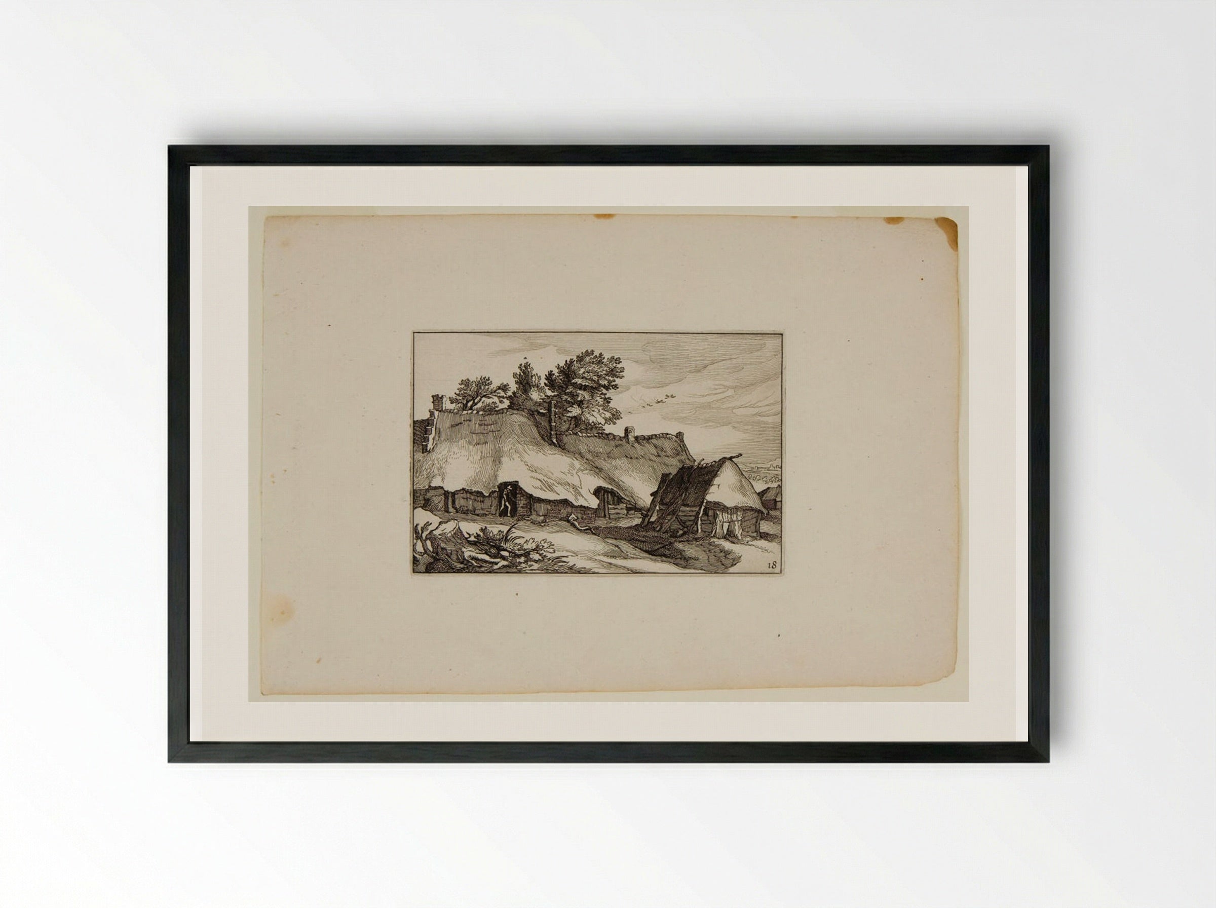 Farm Buildings with Man Exiting a Door - Claes Jansz. Visscher - Framed Print Black