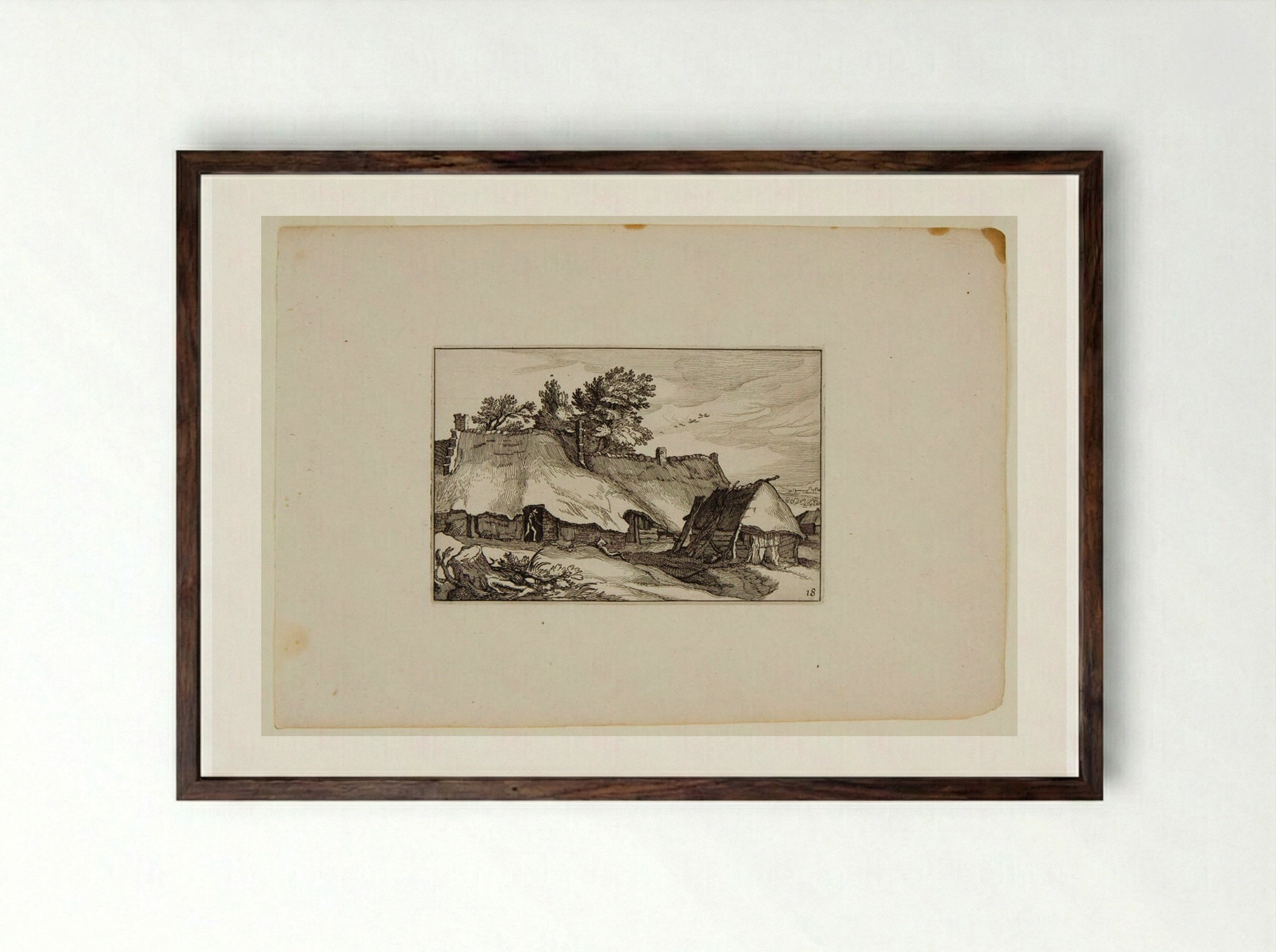 Farm Buildings with Man Exiting a Door - Claes Jansz. Visscher - Framed Print Dark Wood