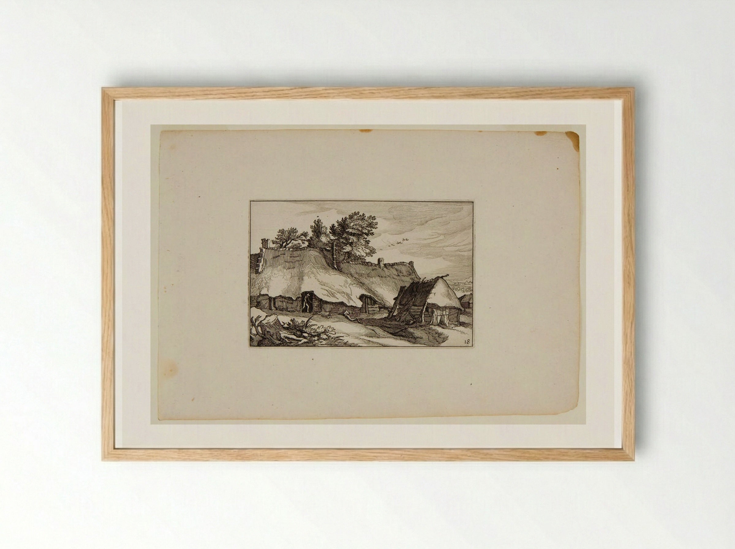 Farm Buildings with Man Exiting a Door - Claes Jansz. Visscher - Framed Print Wood