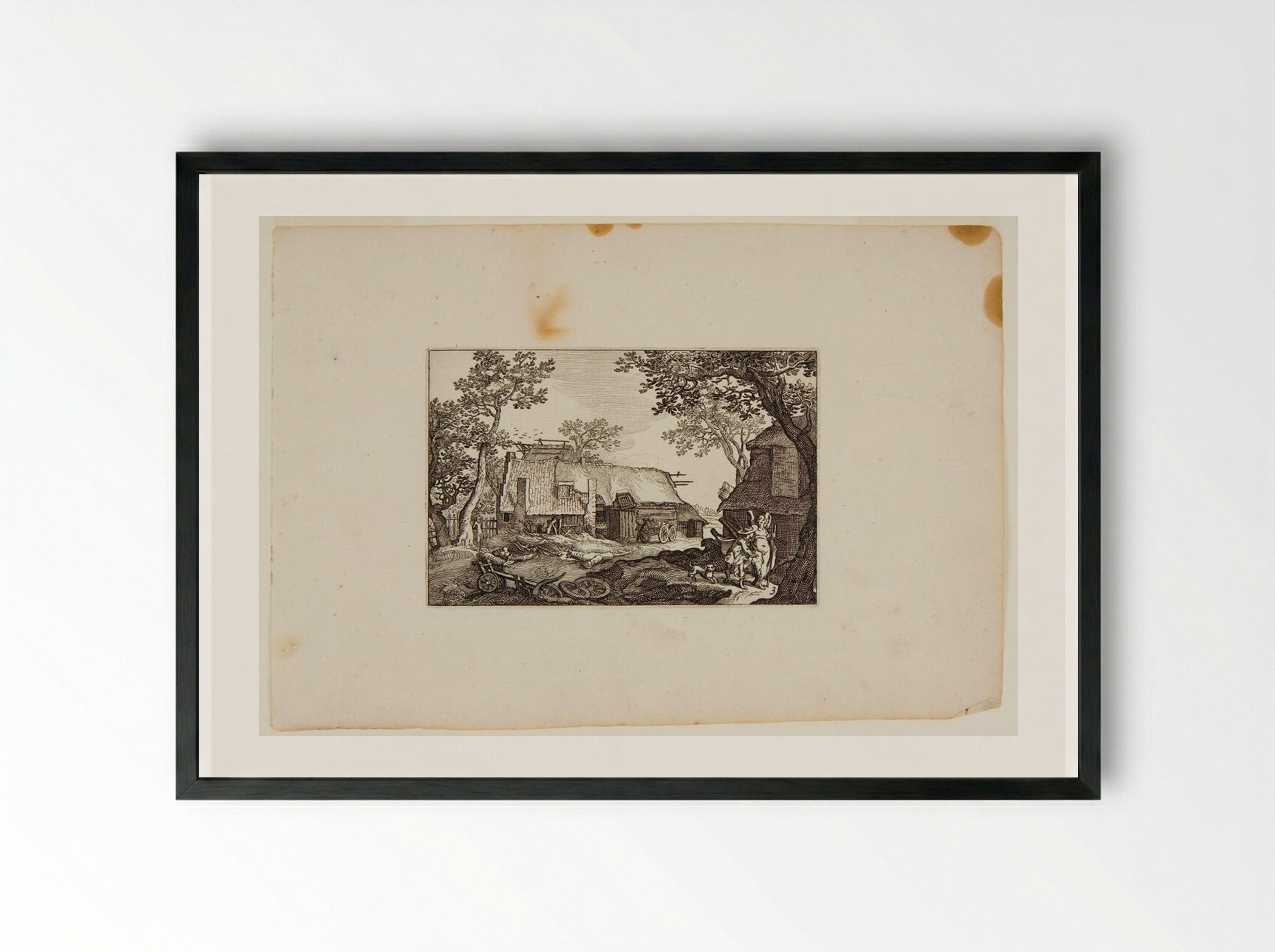 Farm Buildings with Traveler and Guardian Angel - Claes Jansz. Visscher - Framed Print Black