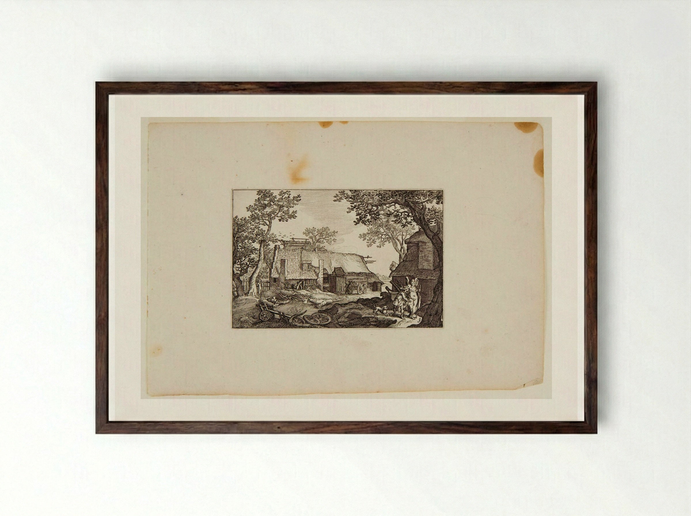 Farm Buildings with Traveler and Guardian Angel - Claes Jansz. Visscher - Framed Print Dark Wood