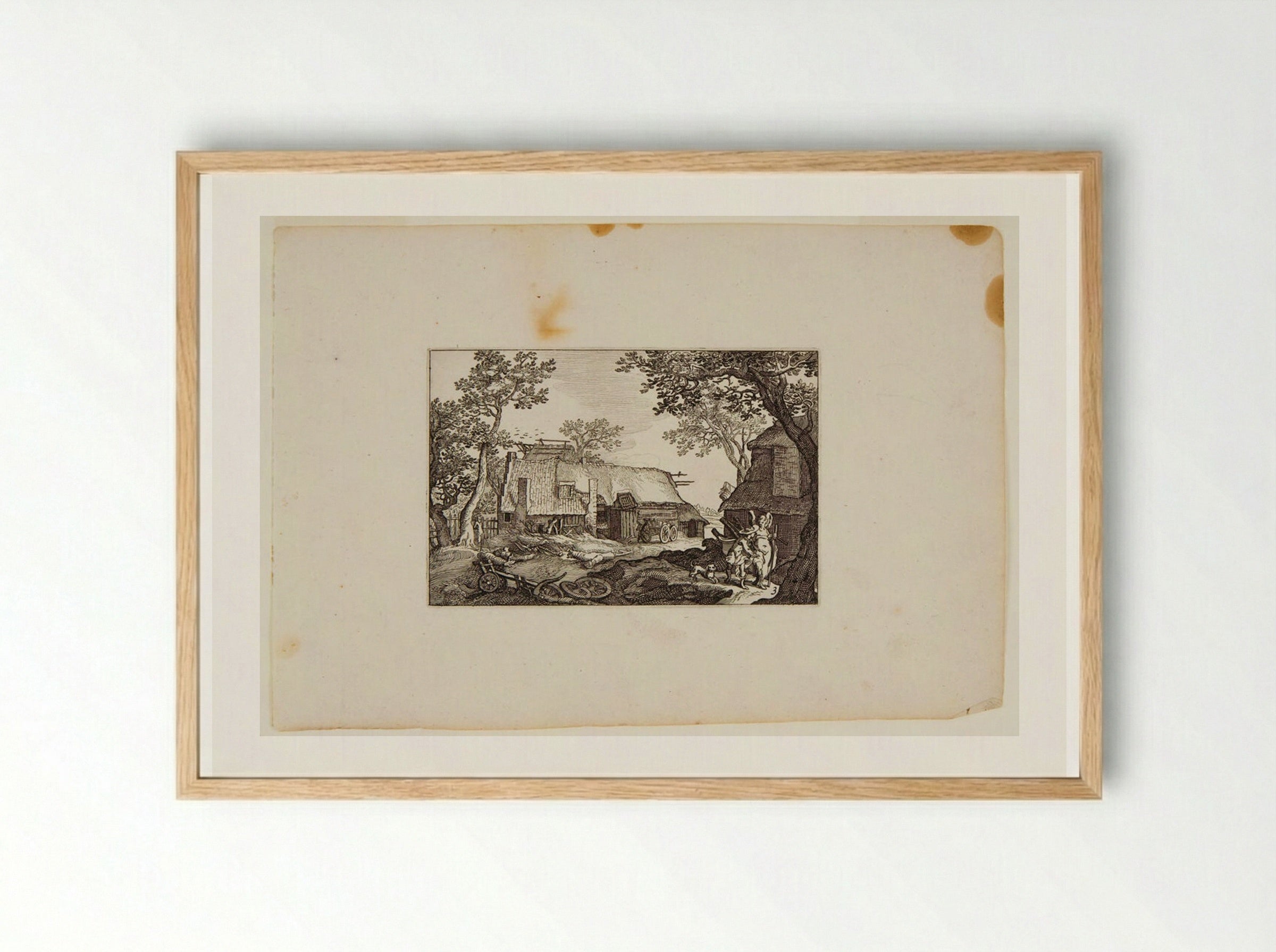 Farm Buildings with Traveler and Guardian Angel - Claes Jansz. Visscher - Framed Print Wood