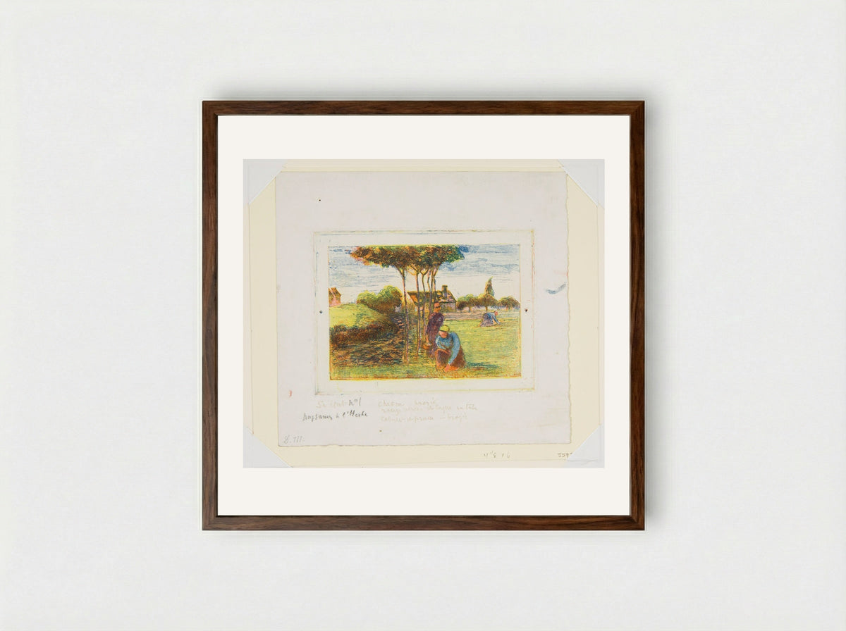 Farm Women in a Meadow - Camille Pissarro - Framed Print Dark Wood