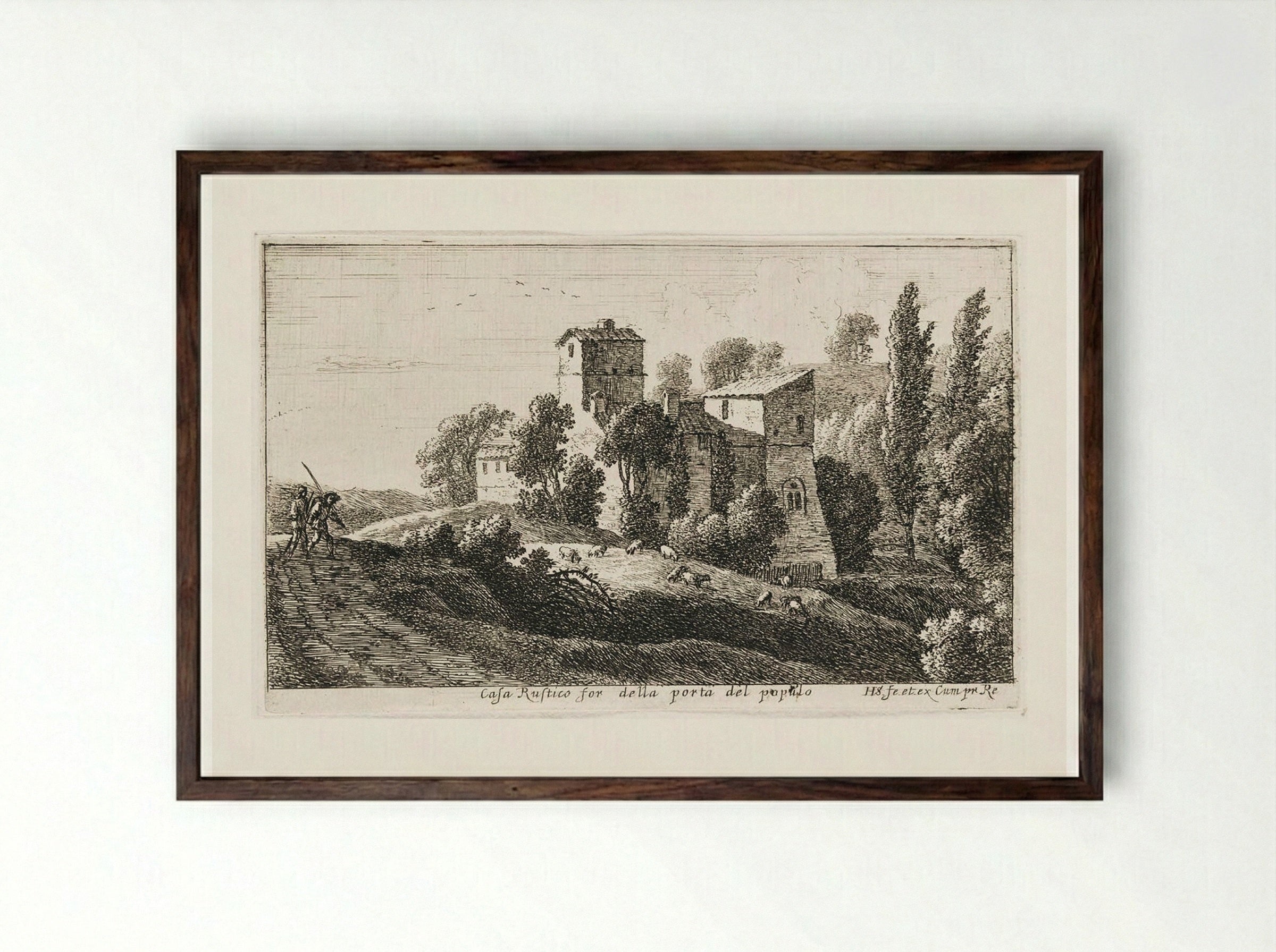 Farm beyond the Porta del Popolo - Herman van Swanevelt - Framed Print Dark Wood