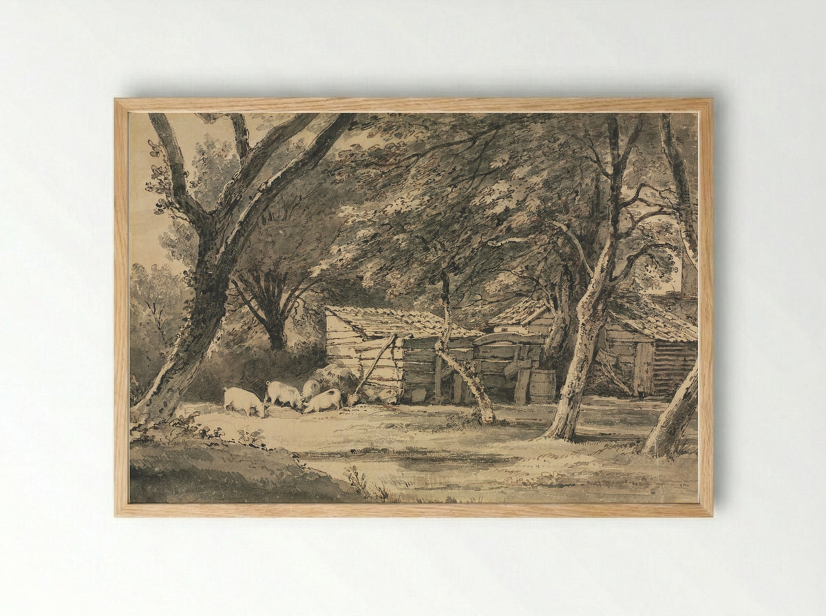 Farm with Pigs Foraging - Henry Edridge - Framed Print Wood