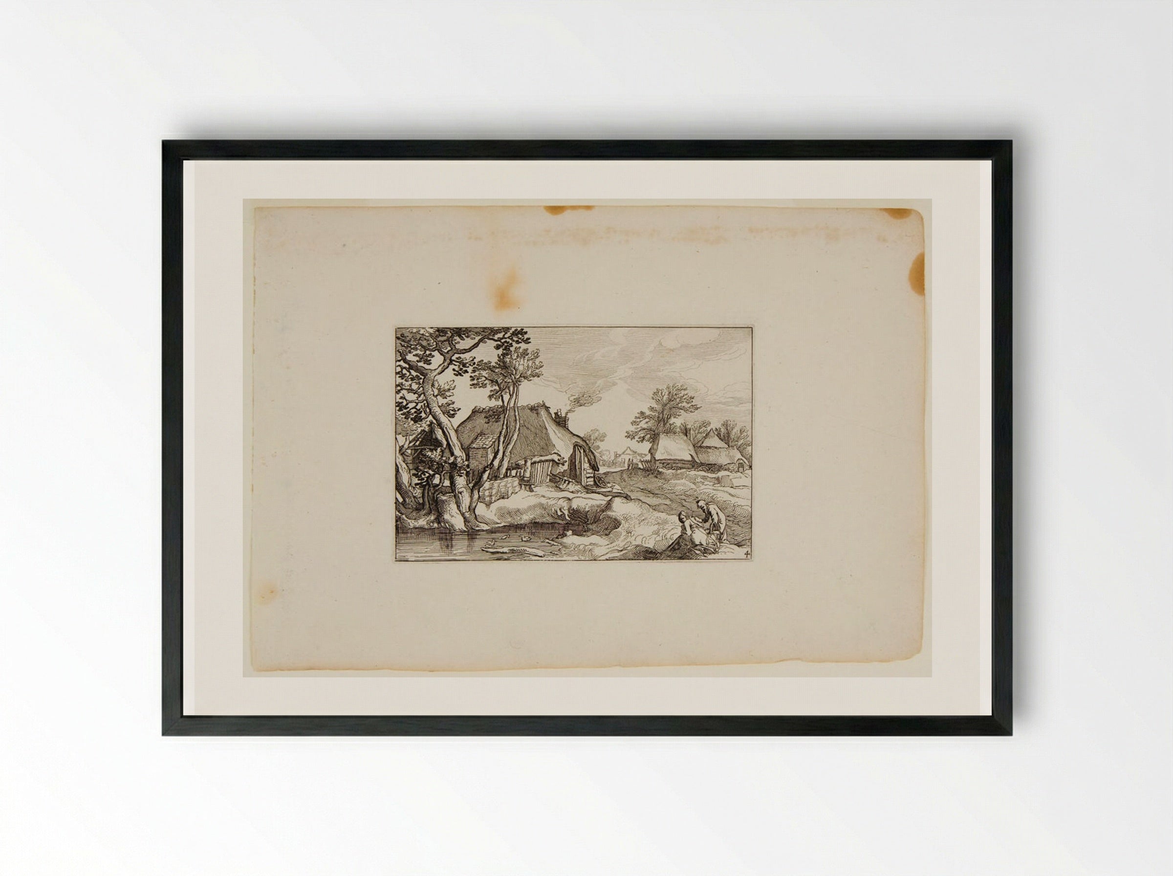 Farm with Pond and Two Figures in Foreground - Claes Jansz. Visscher - Framed Print Black