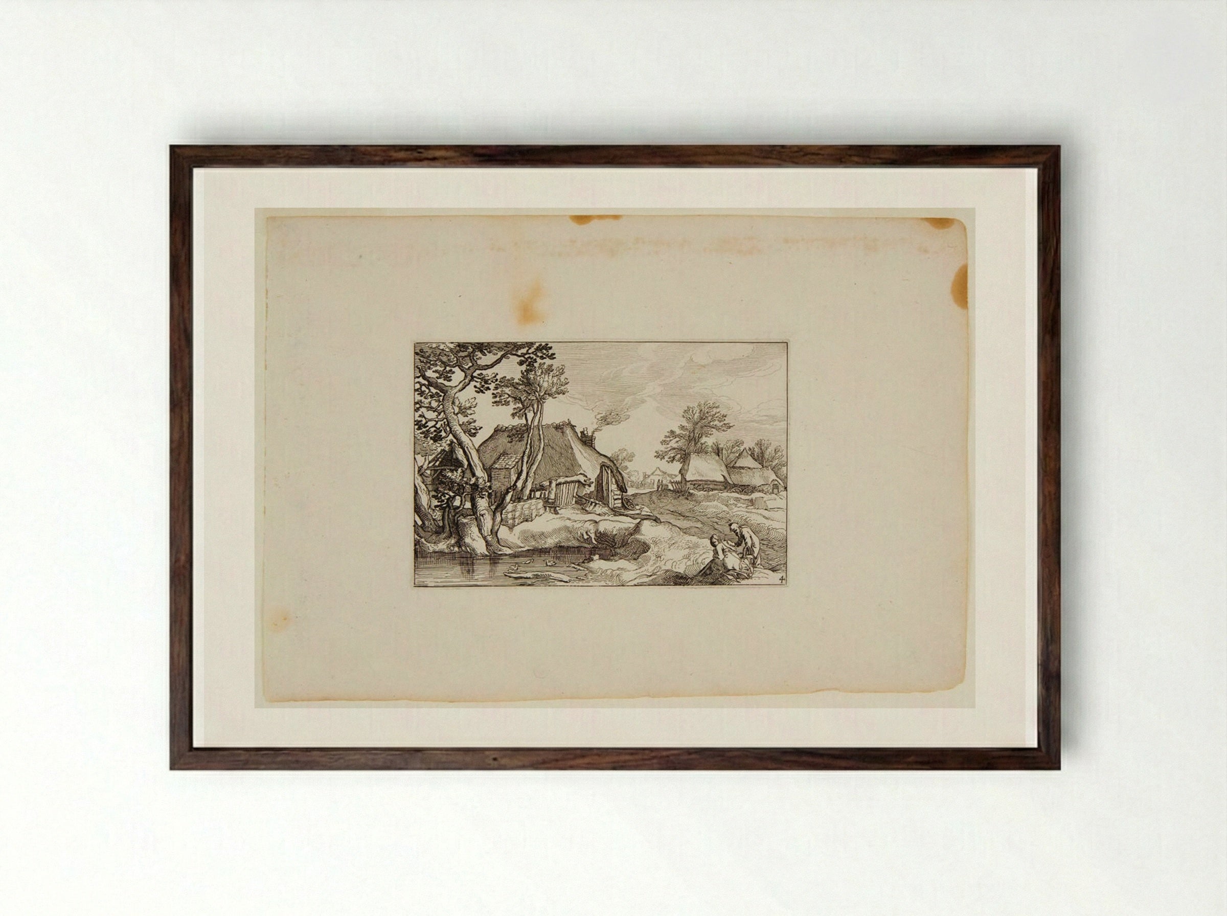 Farm with Pond and Two Figures in Foreground - Claes Jansz. Visscher - Framed Print Dark Wood