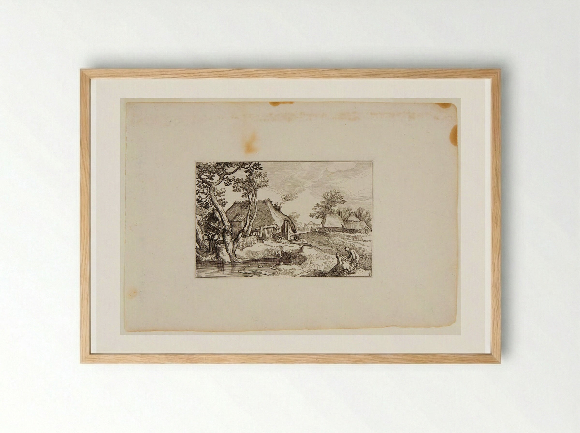 Farm with Pond and Two Figures in Foreground - Claes Jansz. Visscher - Framed Print Wood