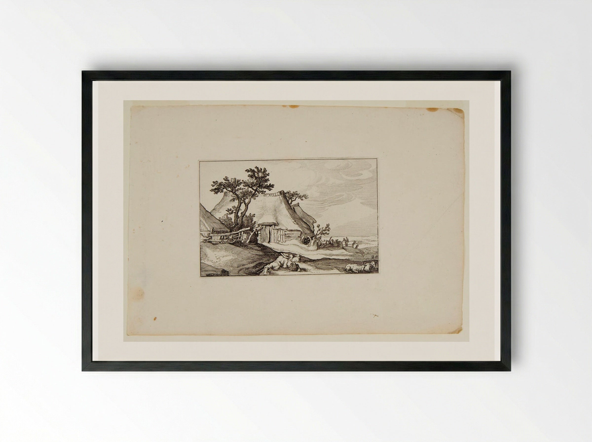 Farm with Reclining Shepherd and Sheep in Foreground - Claes Jansz. Visscher - Framed Print Black