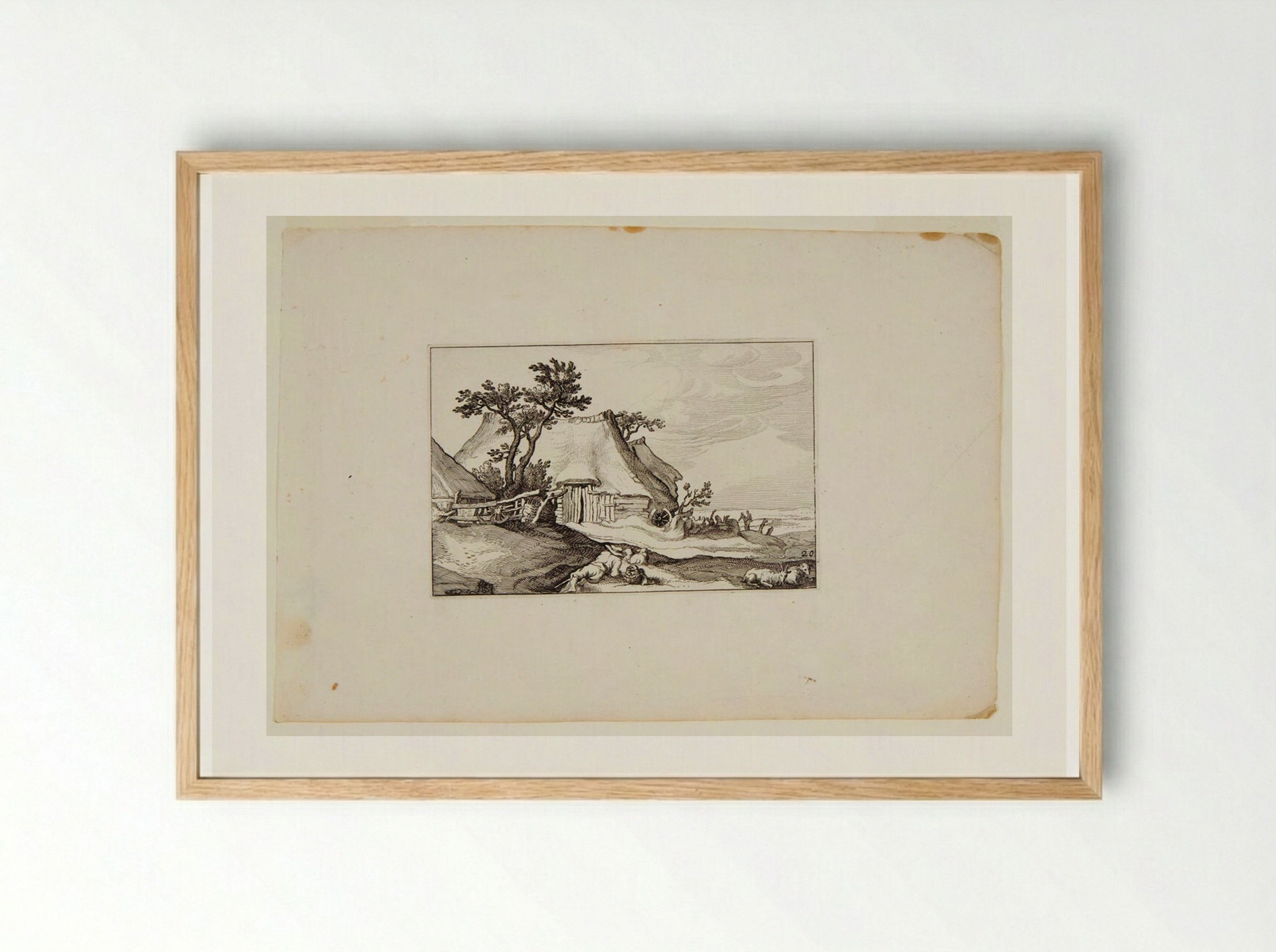 Farm with Reclining Shepherd and Sheep in Foreground - Claes Jansz. Visscher - Framed Print Wood