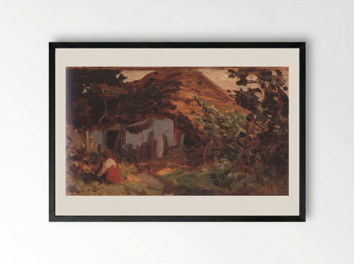 Farm-yard with Girl in Red Skirt - Bertalan Székely - Framed Print Black
