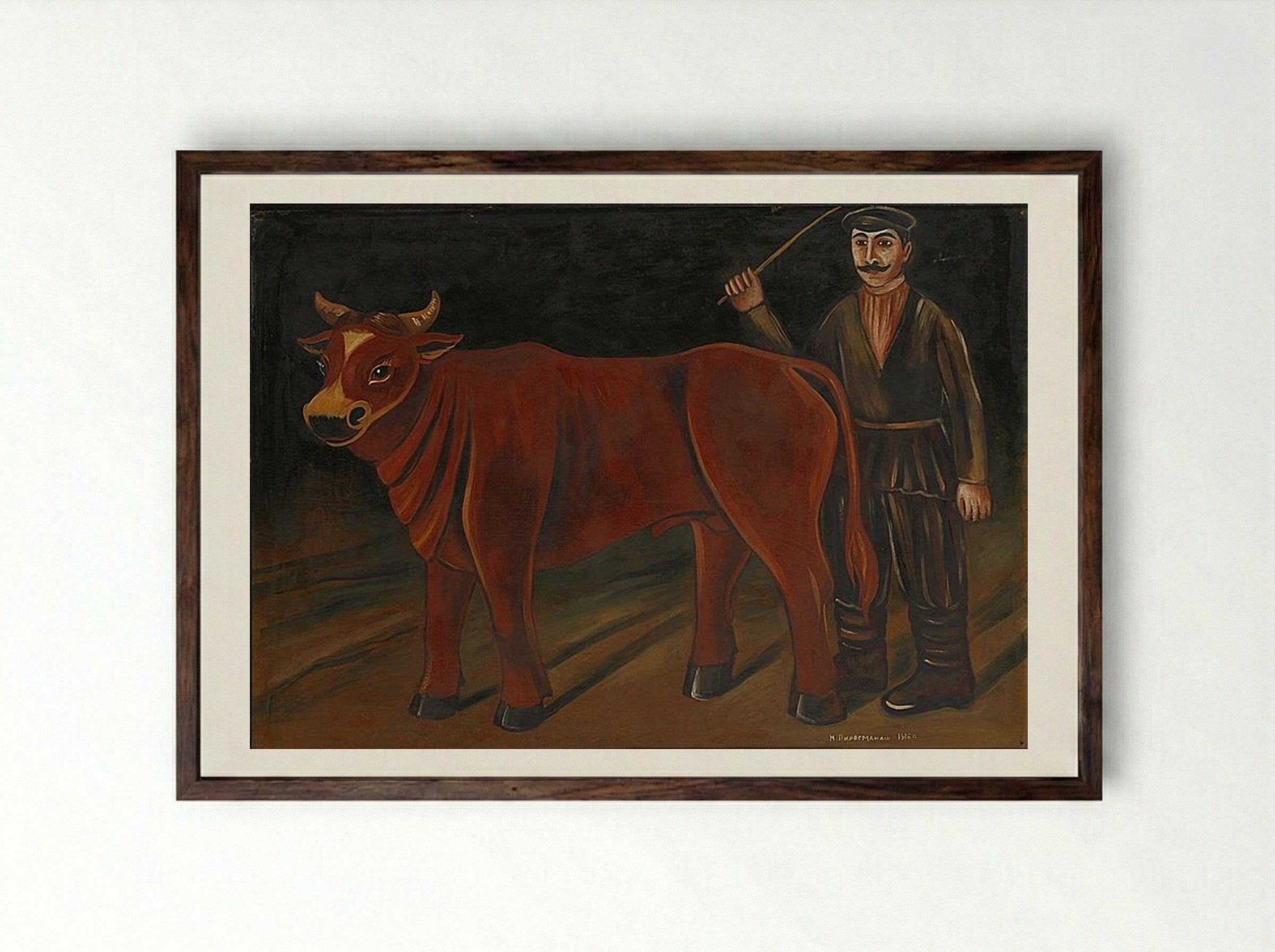 Farmer with a Bull - Niko Pirosmani - Framed Print Dark Wood
