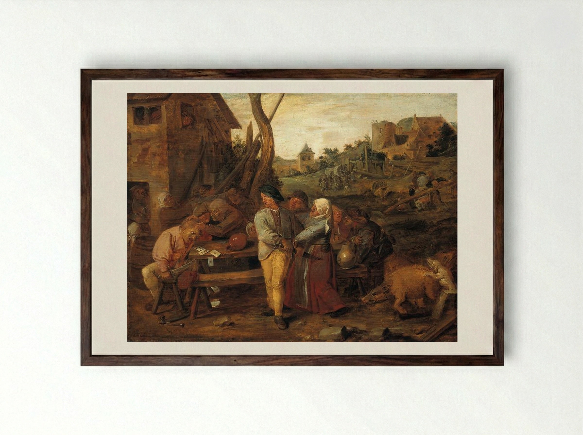 Farmers Fight Party - Adriaen Brouwer - Framed Print Dark Wood