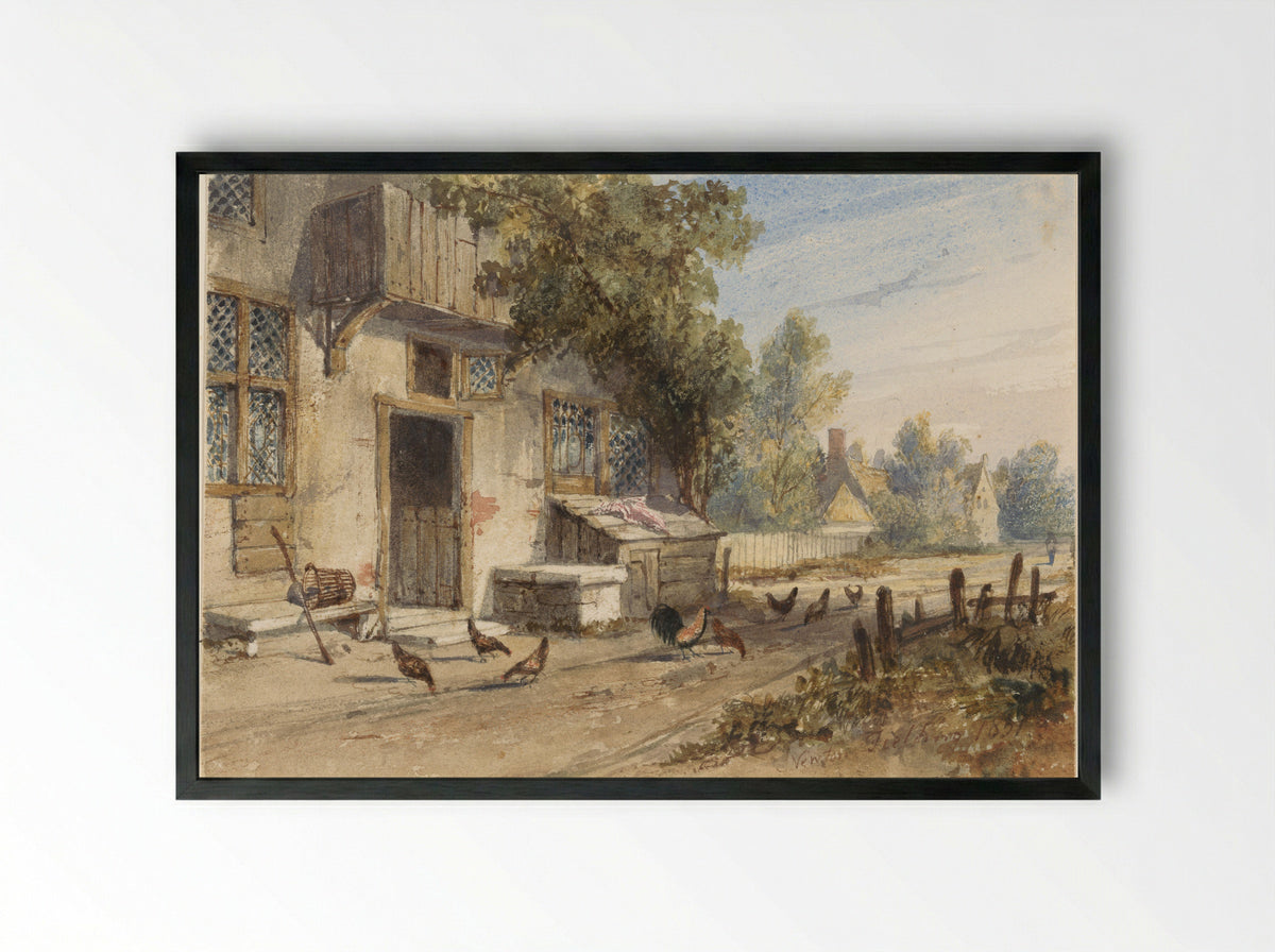 Farmhouse with Chickens on a Country Road - Newton Smith Limbird Fielding - Framed Print Black