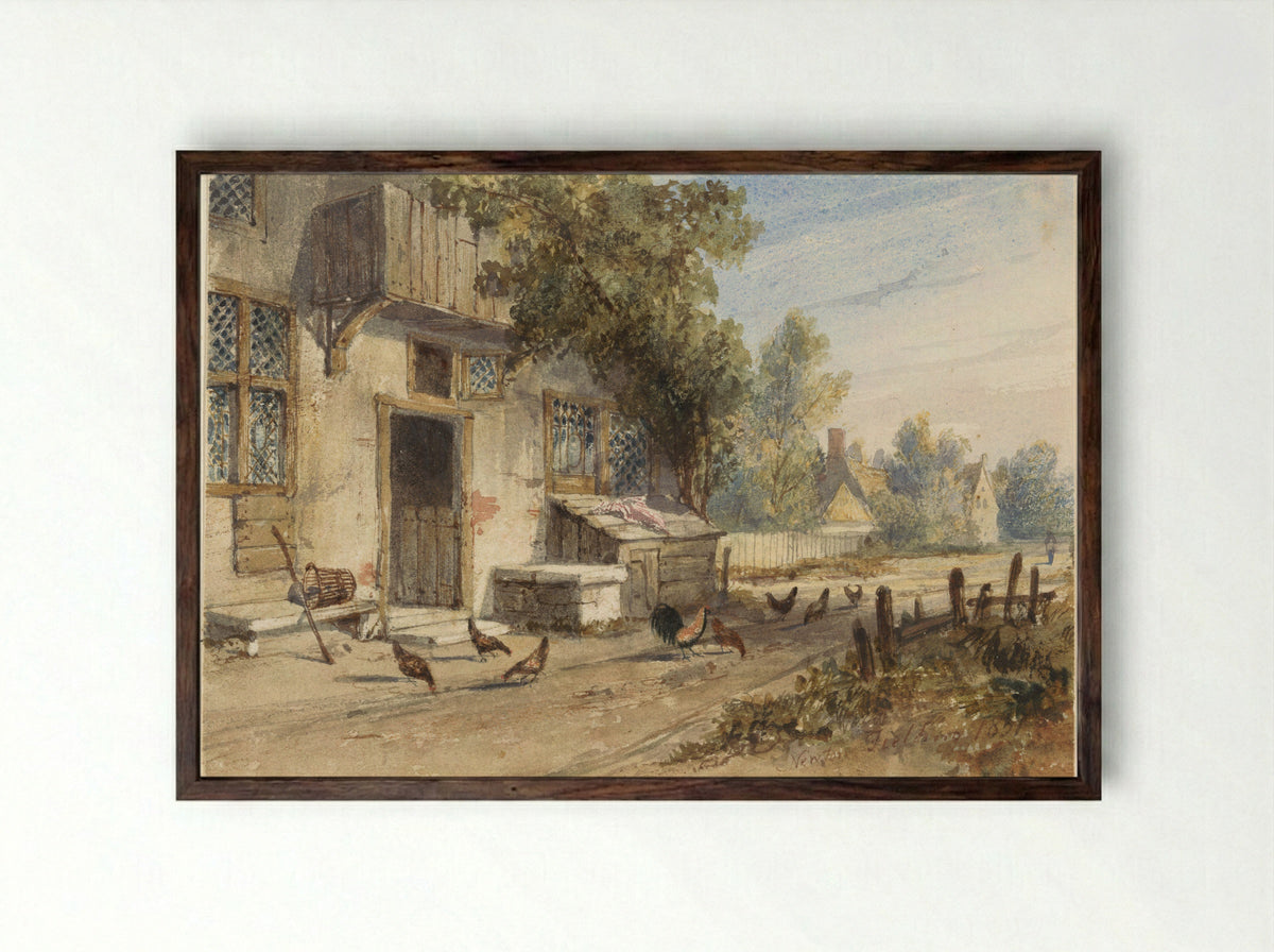 Farmhouse with Chickens on a Country Road - Newton Smith Limbird Fielding - Framed Print Dark Wood